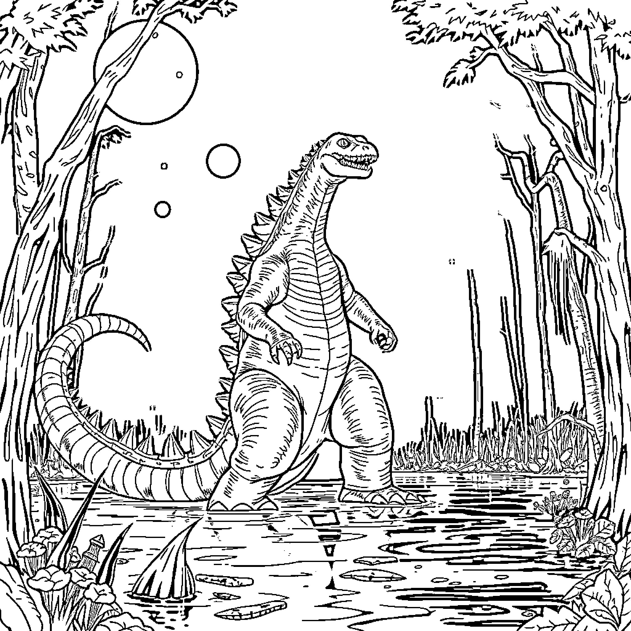 Godzilla rampaging through the jungle Coloring Page (free black-and-white line drawing printable PDF for all, from beginners to advanced learners, including children, teens, adults, and seniors)