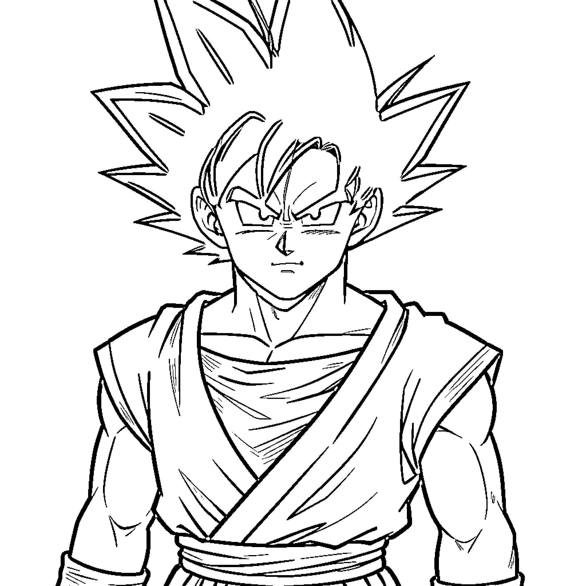 Goku in Fierce Warrior Pose Coloring Page (free black-and-white line drawing printable PDF for all, from beginners to advanced learners, including children, teens, adults, and seniors)
