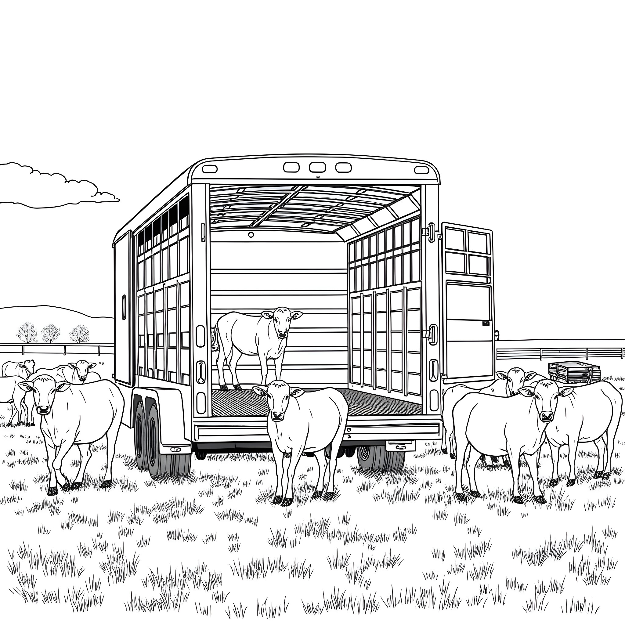Livestock Trailer with Cattle in the Countryside Coloring Page (free black-and-white line drawing printable PDF for all, from beginners to advanced learners, including children, teens, adults, and seniors)