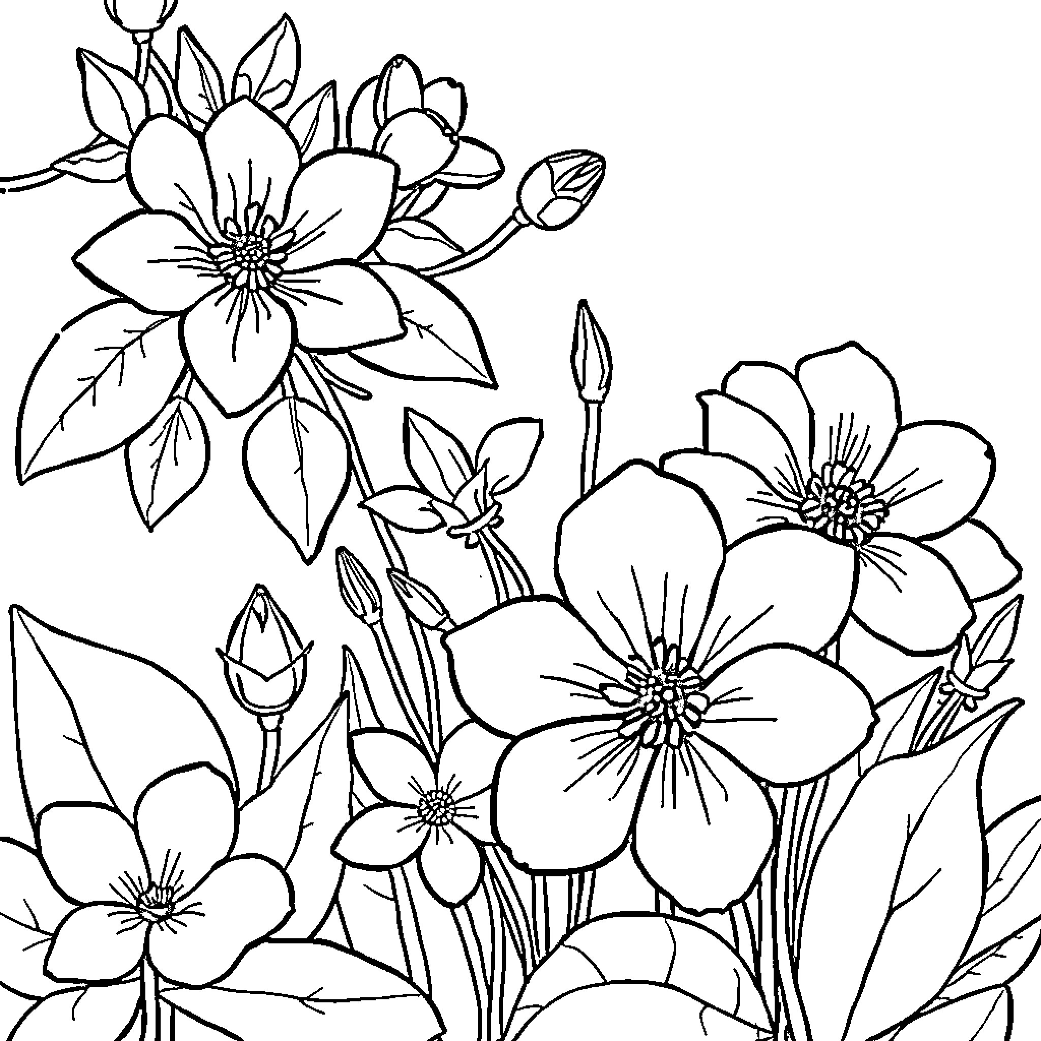 Spring Flowers in Bloom Coloring Page (free black-and-white line drawing printable PDF for all, from beginners to advanced learners, including children, teens, adults, and seniors)