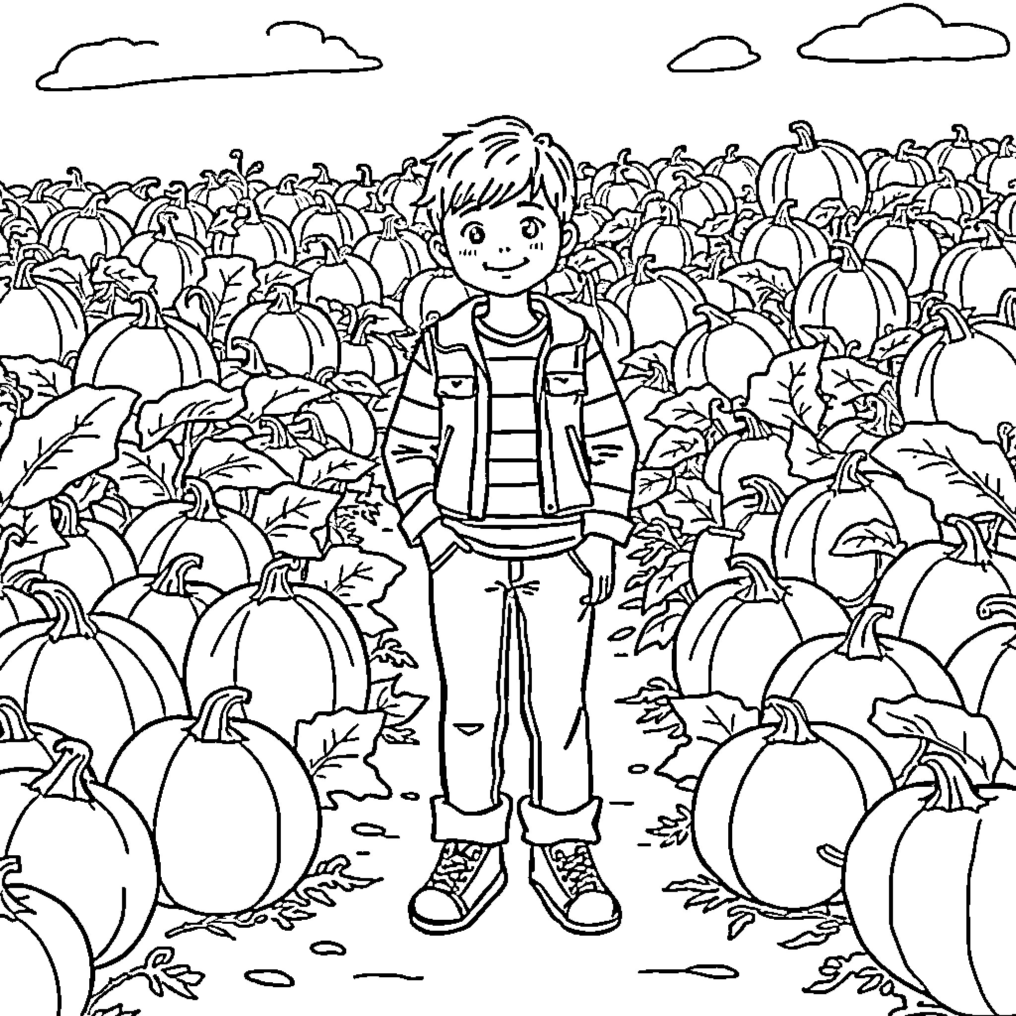 Pumpkin Patch Adventure with Boy Coloring Page (free black-and-white line drawing printable PDF for all, from beginners to advanced learners, including children, teens, adults, and seniors)