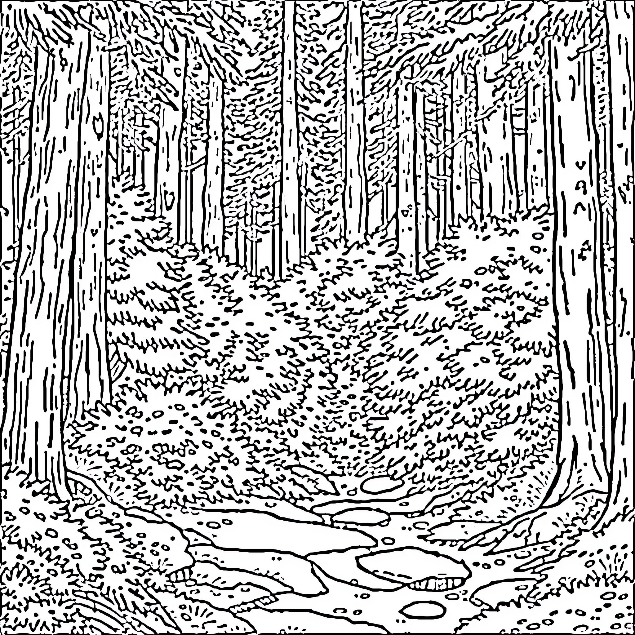 Forest path winding through dense foliage Coloring Page (free black-and-white line drawing printable PDF for all, from beginners to advanced learners, including children, teens, adults, and seniors)