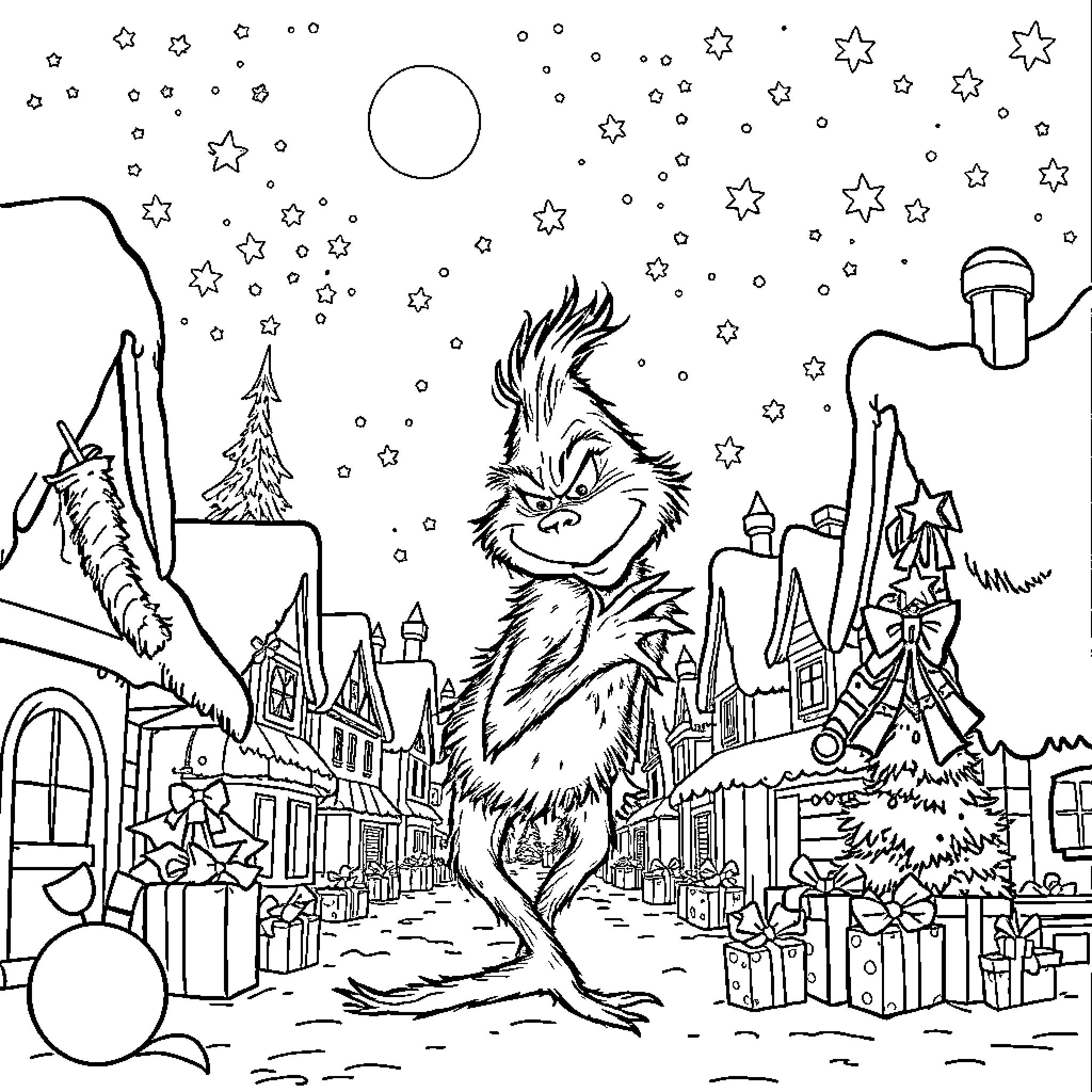 Grinch's Mischievous Antics in Snowy Town Coloring Page (free black-and-white line drawing printable PDF for all, from beginners to advanced learners, including children, teens, adults, and seniors)