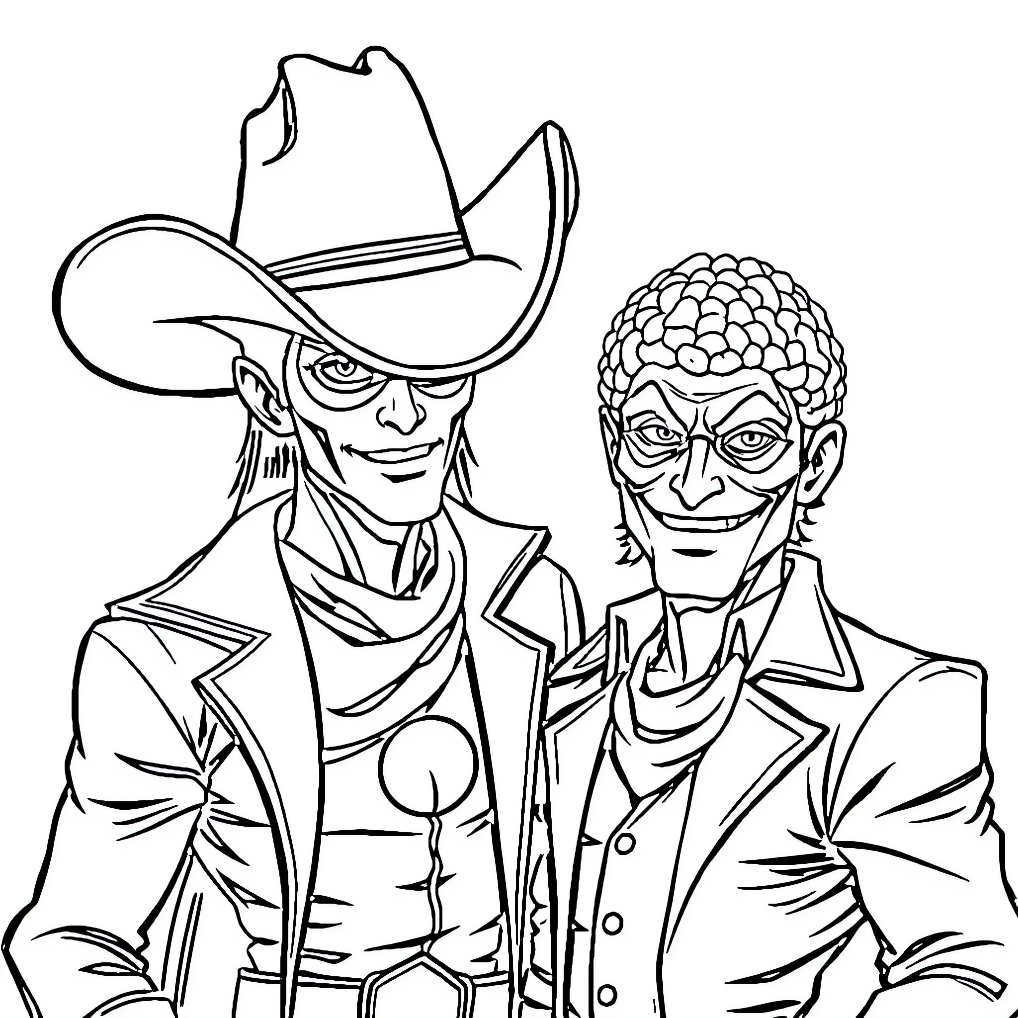 Nana's Cowboy and Businessman Friends Coloring Page (free black-and-white line drawing printable PDF for all, from beginners to advanced learners, including children, teens, adults, and seniors)
