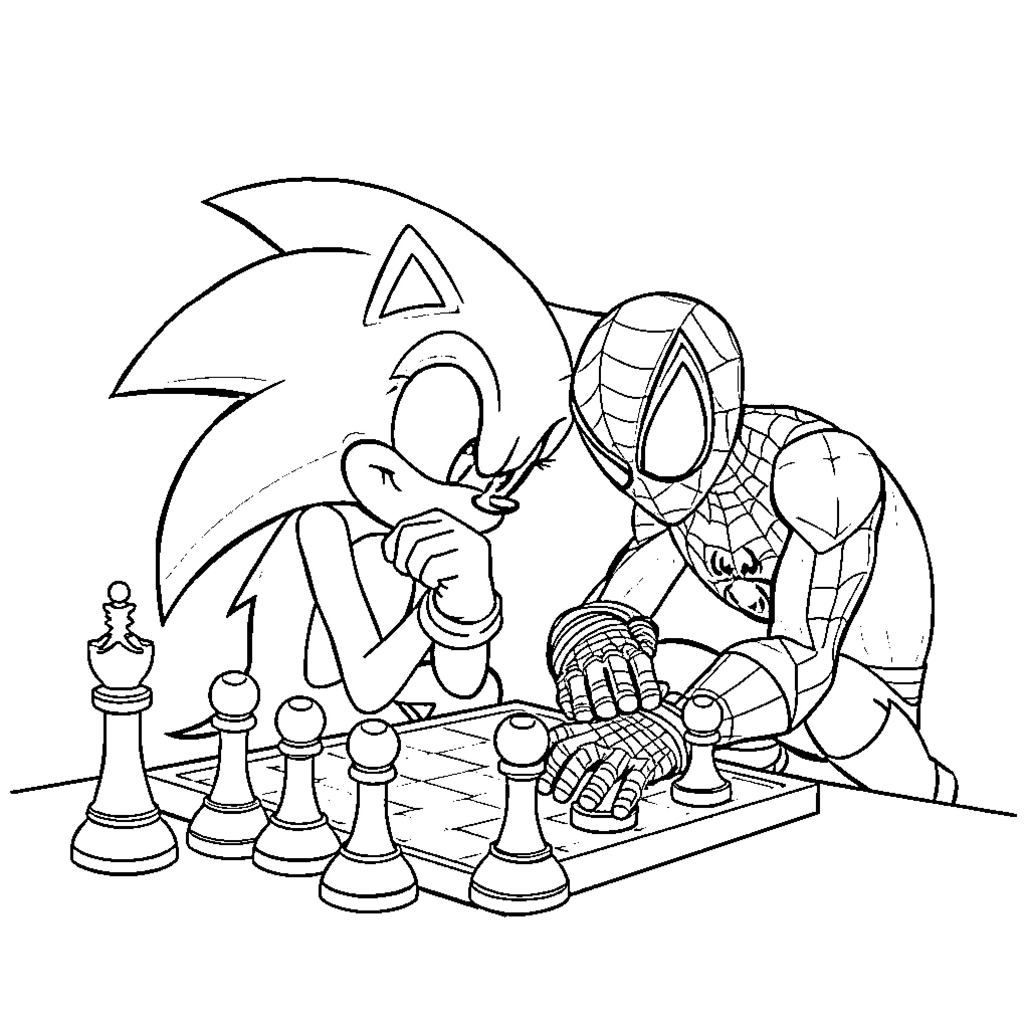 Sonic and Spider-Man playing chess together Coloring Page (free black-and-white line drawing printable PDF for all, from beginners to advanced learners, including children, teens, adults, and seniors)