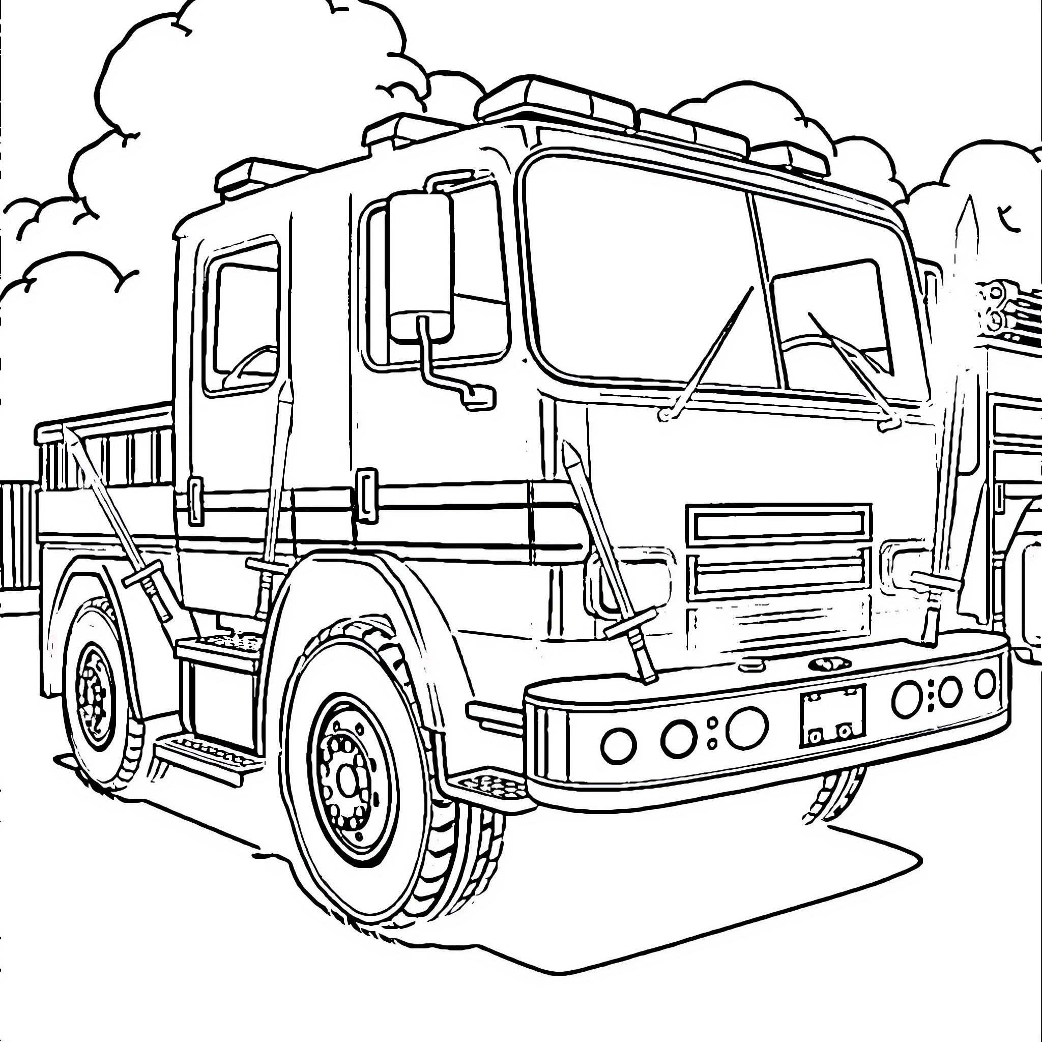 Firetruck responding to an emergency call Coloring Page (free black-and-white line drawing printable PDF for all, from beginners to advanced learners, including children, teens, adults, and seniors)