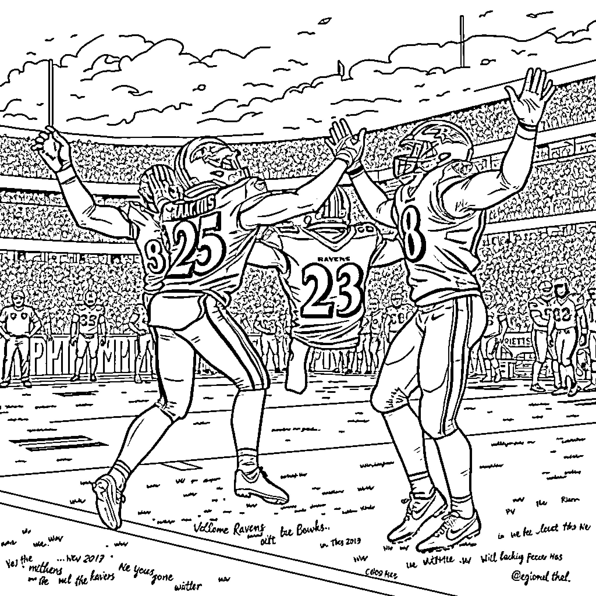 Baltimore Ravens players in action on the field Coloring Page (free black-and-white line drawing printable PDF for all, from beginners to advanced learners, including children, teens, adults, and seniors)