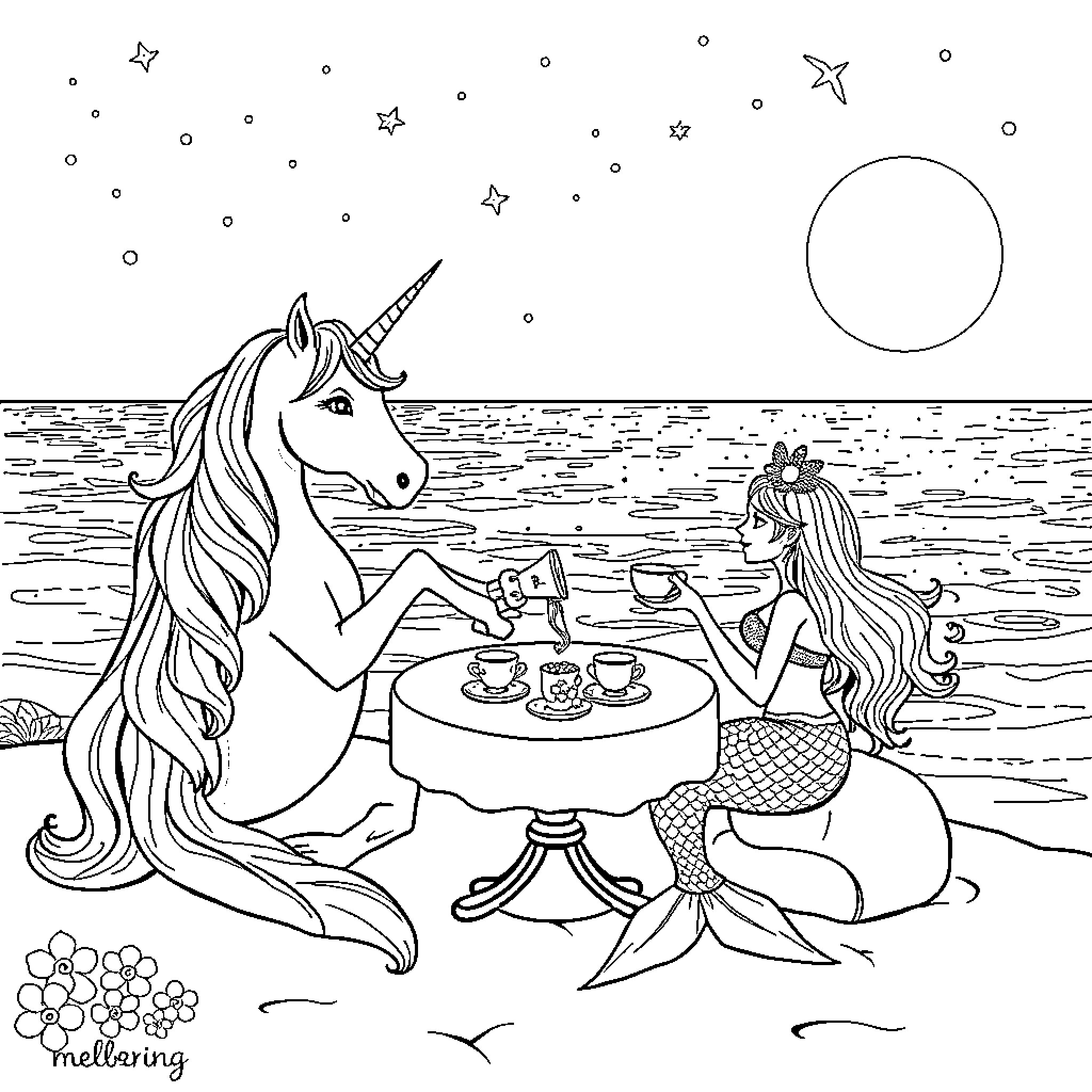 Unicorn and Mermaid Sharing a Starry Night Picnic Coloring Page (free black-and-white line drawing printable PDF for all, from beginners to advanced learners, including children, teens, adults, and seniors)