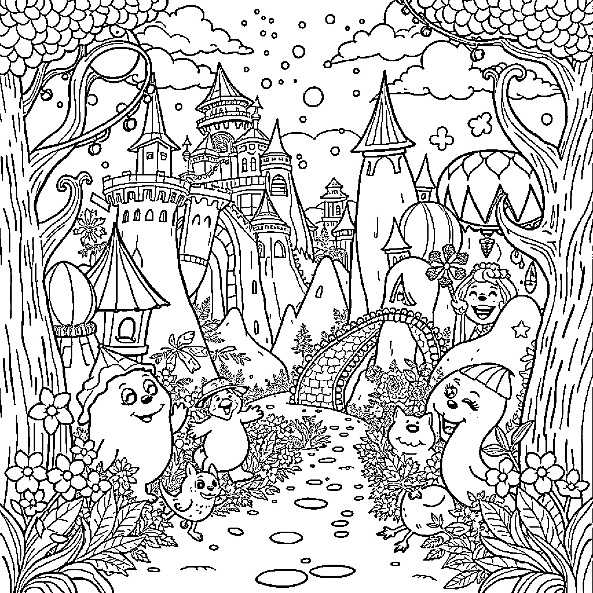 Dandy Creatures Frolicking in Enchanting Realm Coloring Page (free black-and-white line drawing printable PDF for all, from beginners to advanced learners, including children, teens, adults, and seniors)