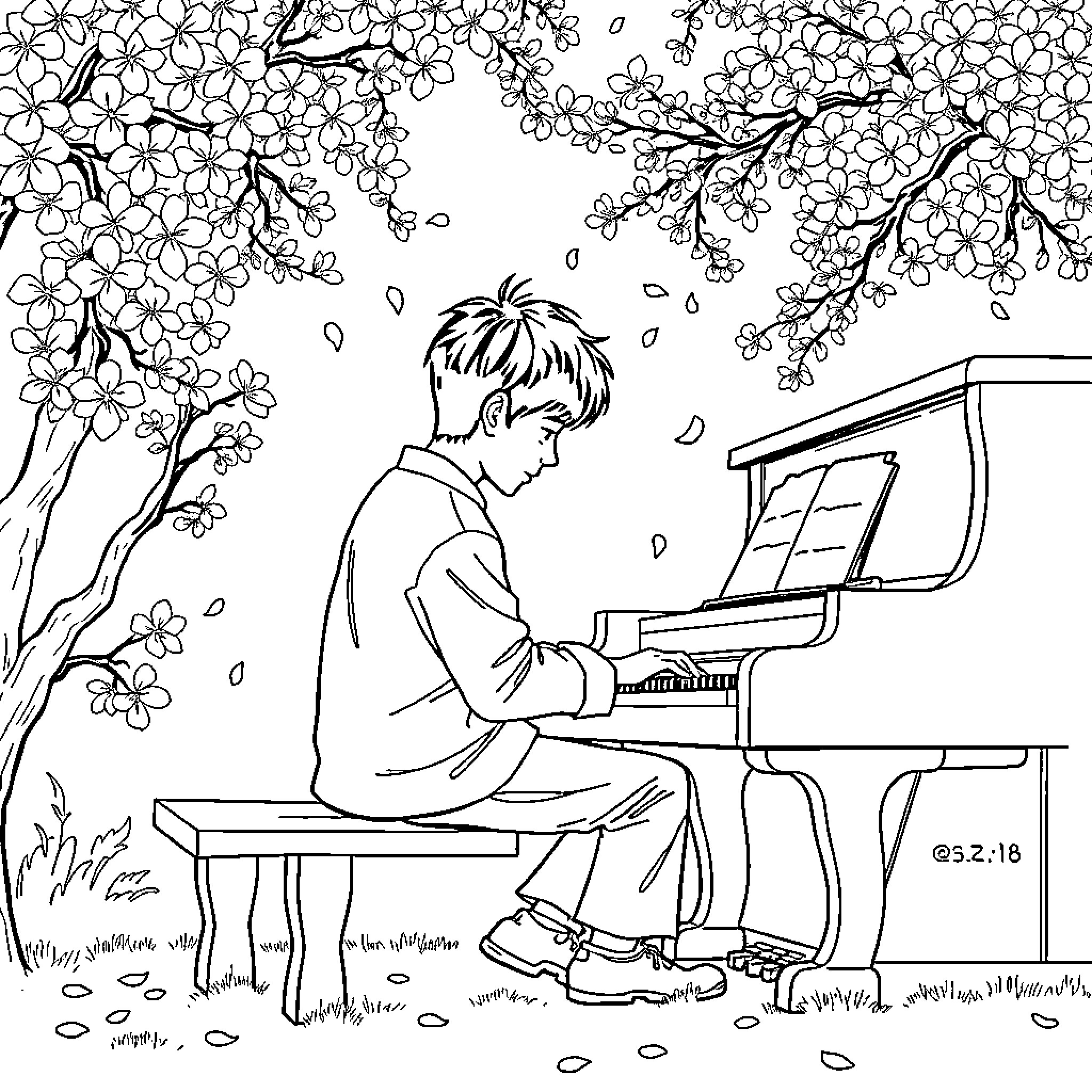 Jungkook playing piano under the cherry blossoms Coloring Page (free black-and-white line drawing printable PDF for all, from beginners to advanced learners, including children, teens, adults, and seniors)