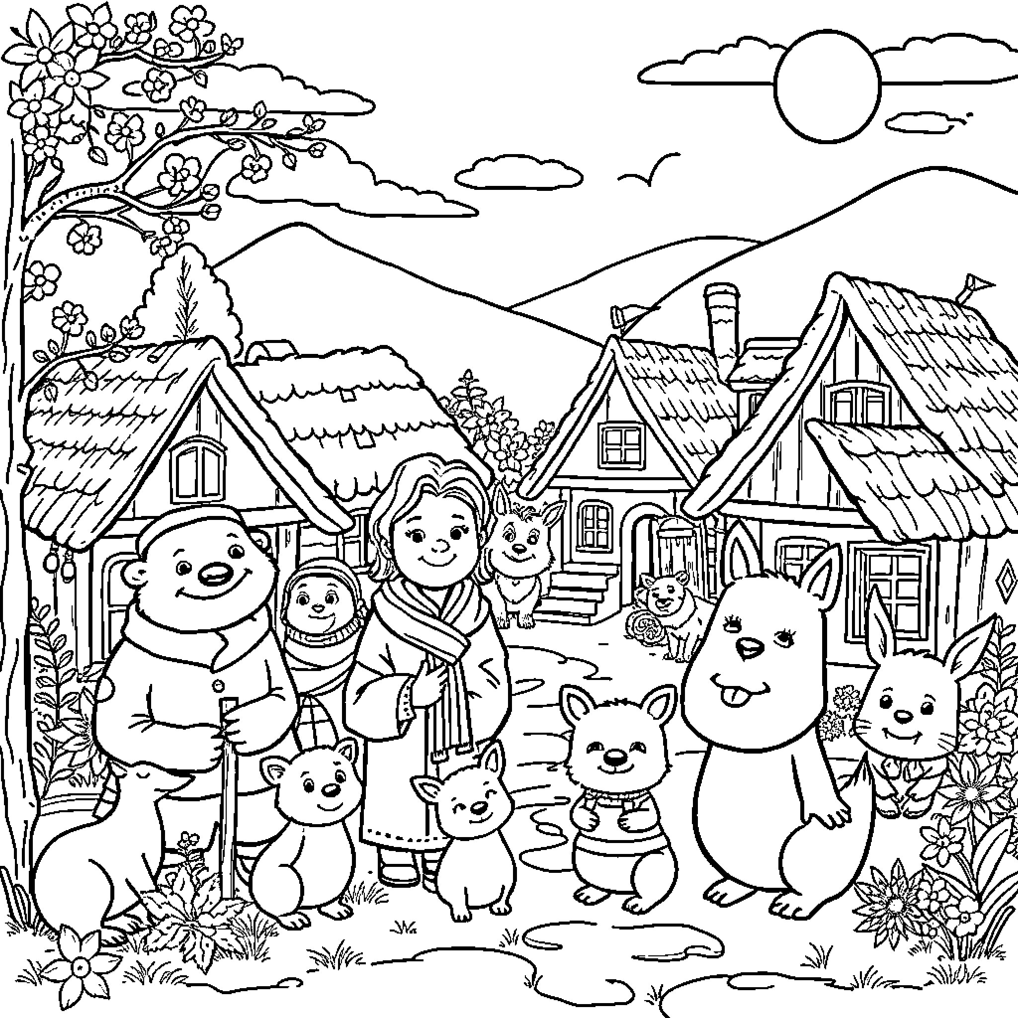 Silvanian Family Enjoying a Scenic Countryside Coloring Page (free black-and-white line drawing printable PDF for all, from beginners to advanced learners, including children, teens, adults, and seniors)