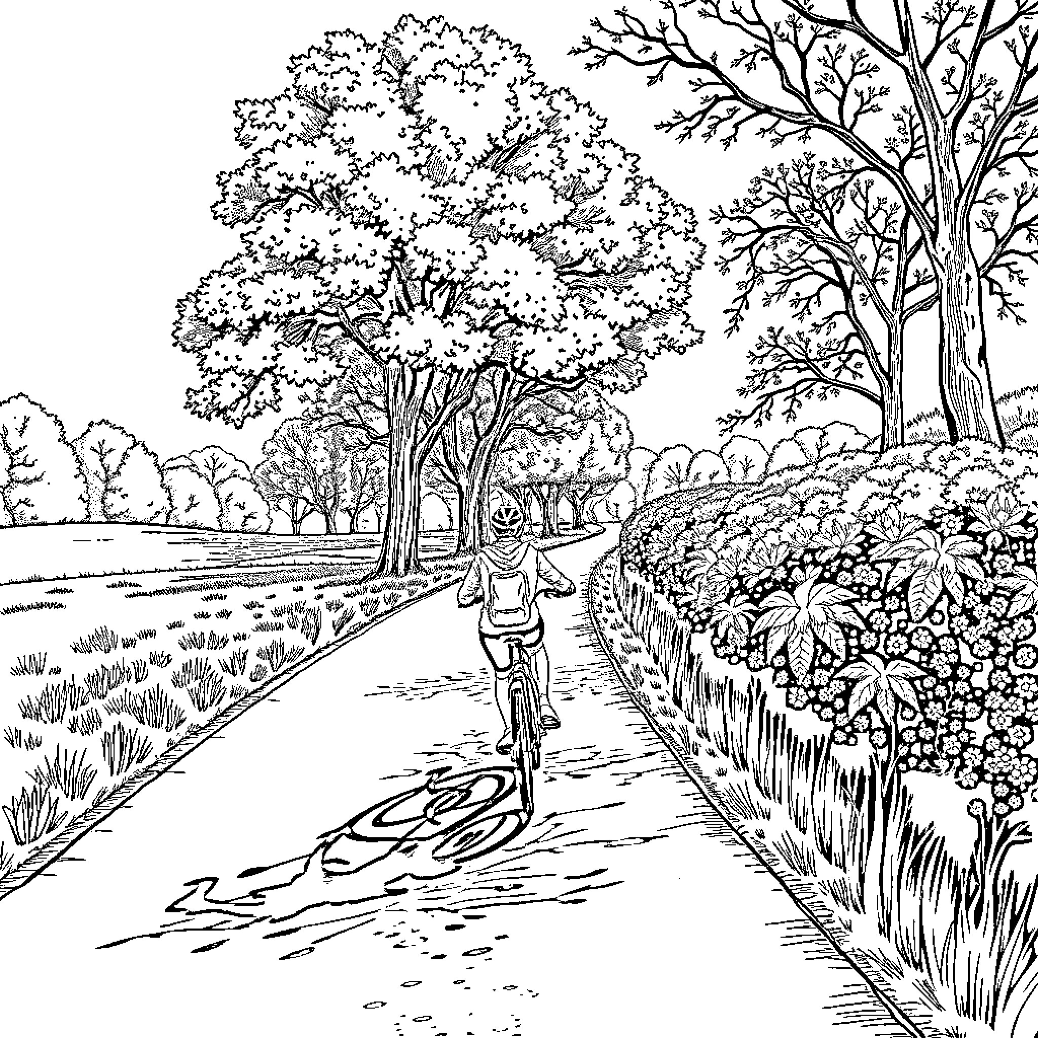 Bike riding through a lush outdoor scene Coloring Page (free black-and-white line drawing printable PDF for all, from beginners to advanced learners, including children, teens, adults, and seniors)