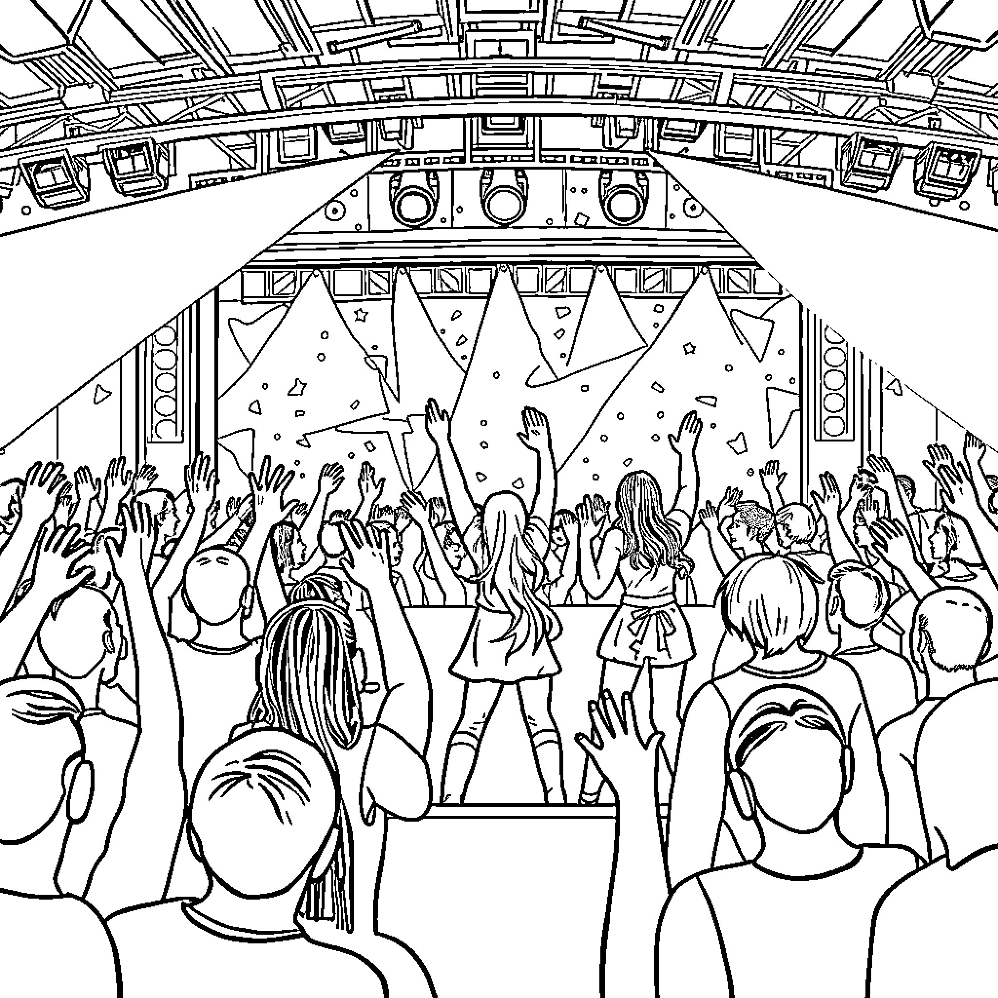 K Pop Performers Rocking the Stage with Energetic Fans Coloring Page (free black-and-white line drawing printable PDF for all, from beginners to advanced learners, including children, teens, adults, and seniors)