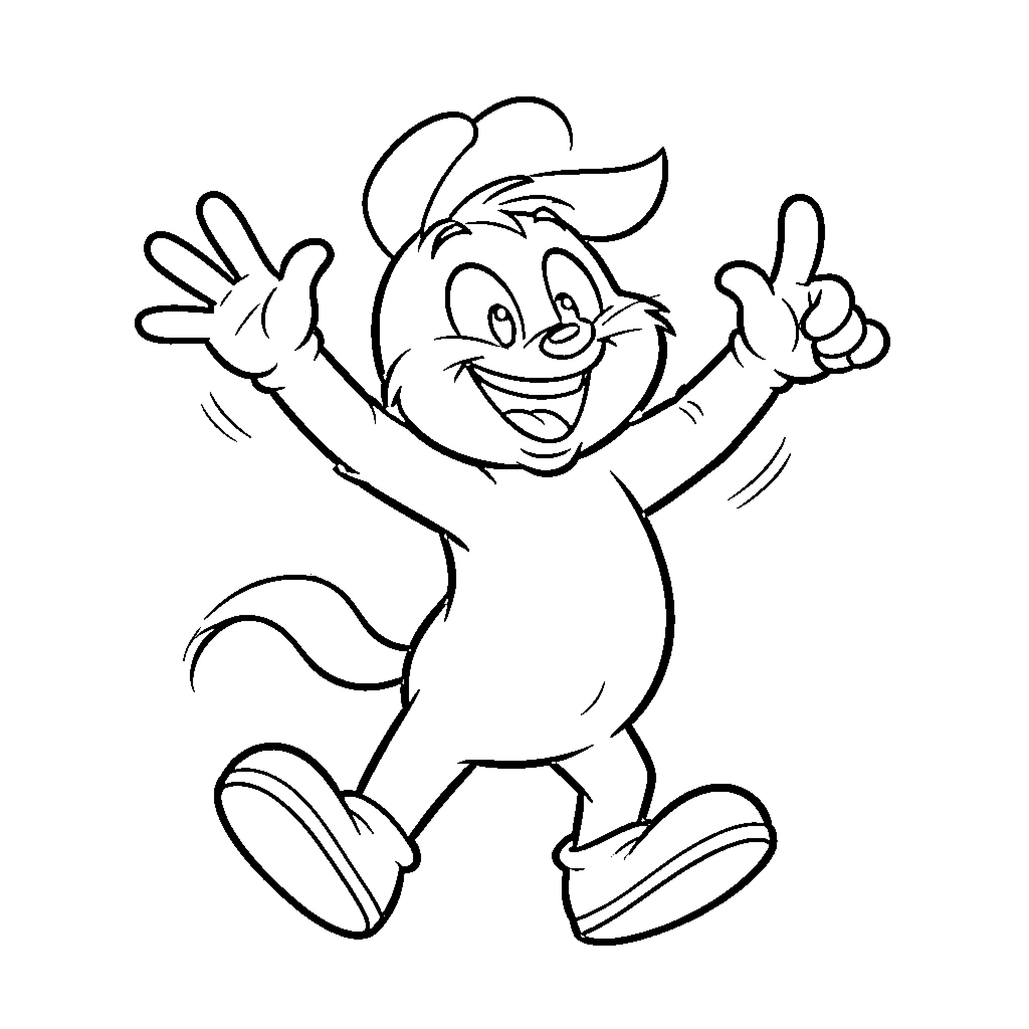 Looney Toon character jumping joyfully with arms raised Coloring Page (free black-and-white line drawing printable PDF for all, from beginners to advanced learners, including children, teens, adults, and seniors)
