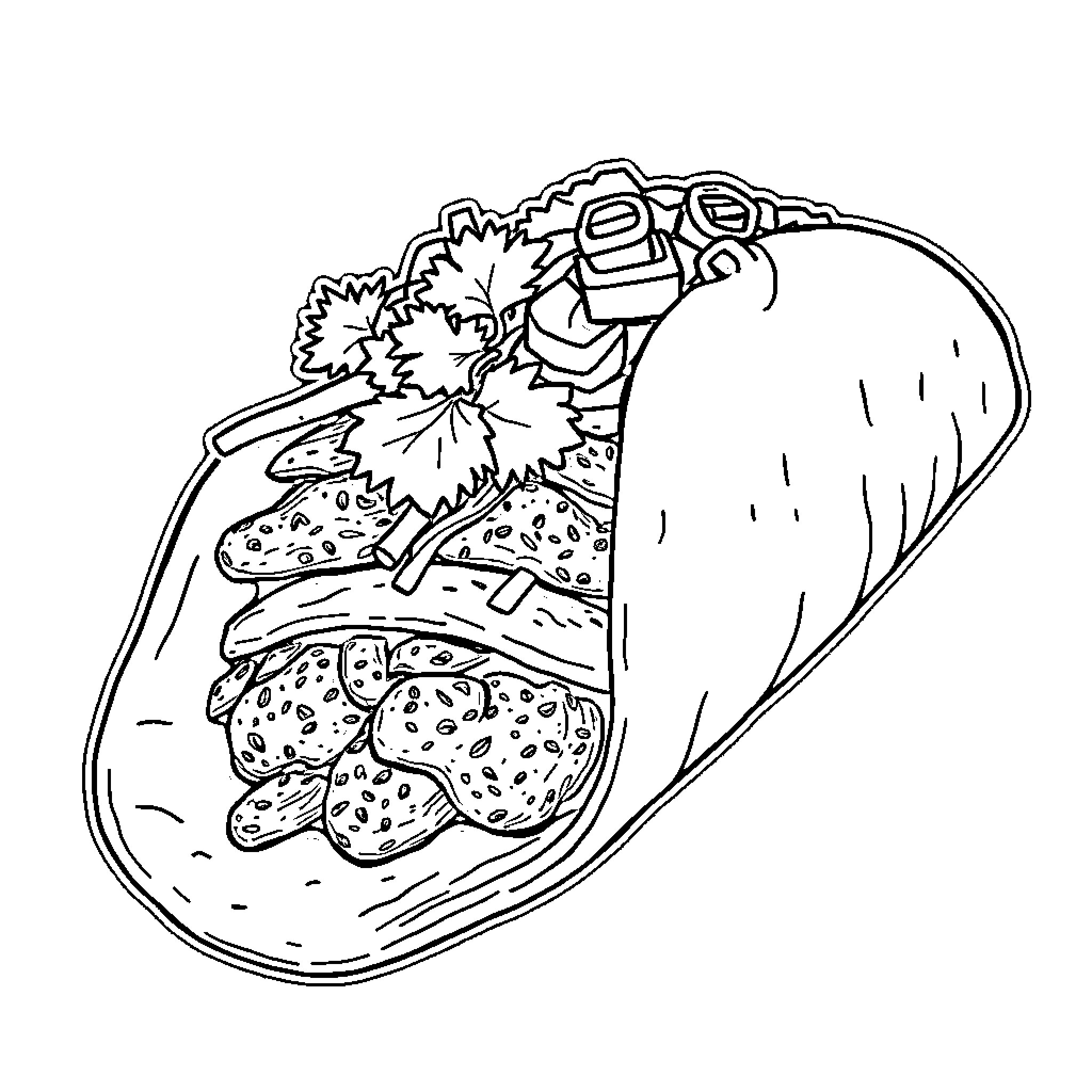 Taco filled with tasty ingredients Coloring Page (free black-and-white line drawing printable PDF for all, from beginners to advanced learners, including children, teens, adults, and seniors)