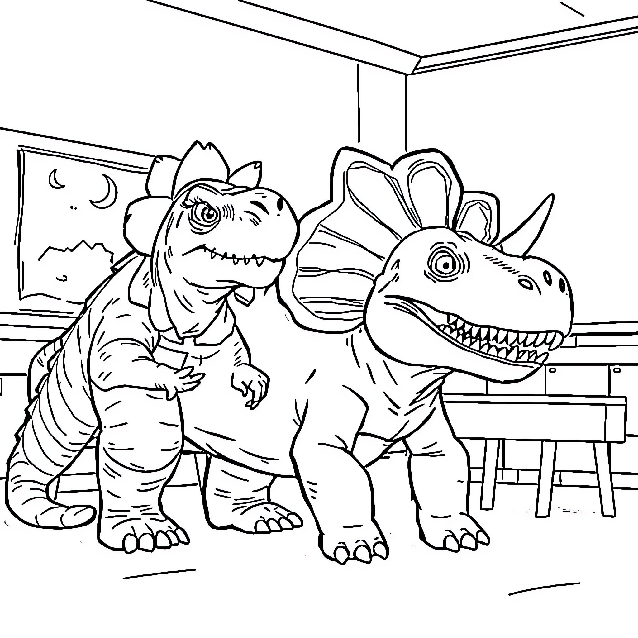 Triceratops playing in colorful room Coloring Page (free black-and-white line drawing printable PDF for all, from beginners to advanced learners, including children, teens, adults, and seniors)