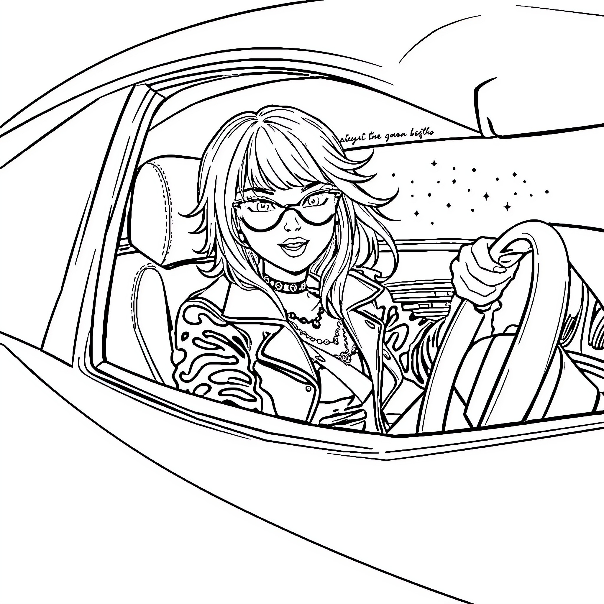 Goth Girl Driving Stylishly in Her Car Coloring Page (free black-and-white line drawing printable PDF for all, from beginners to advanced learners, including children, teens, adults, and seniors)