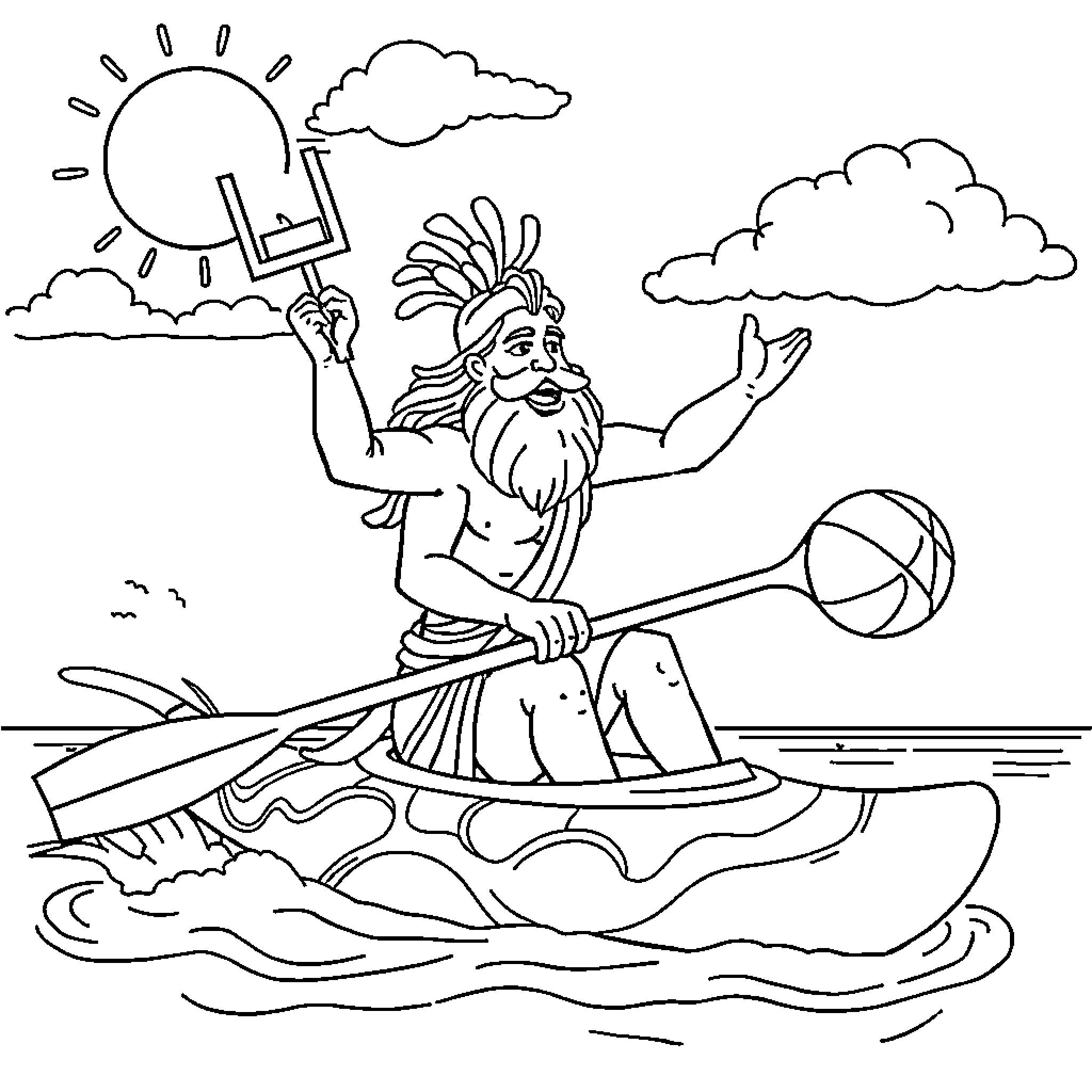 Uranus god rowing boat on cloudy day Coloring Page (free black-and-white line drawing printable PDF for all, from beginners to advanced learners, including children, teens, adults, and seniors)