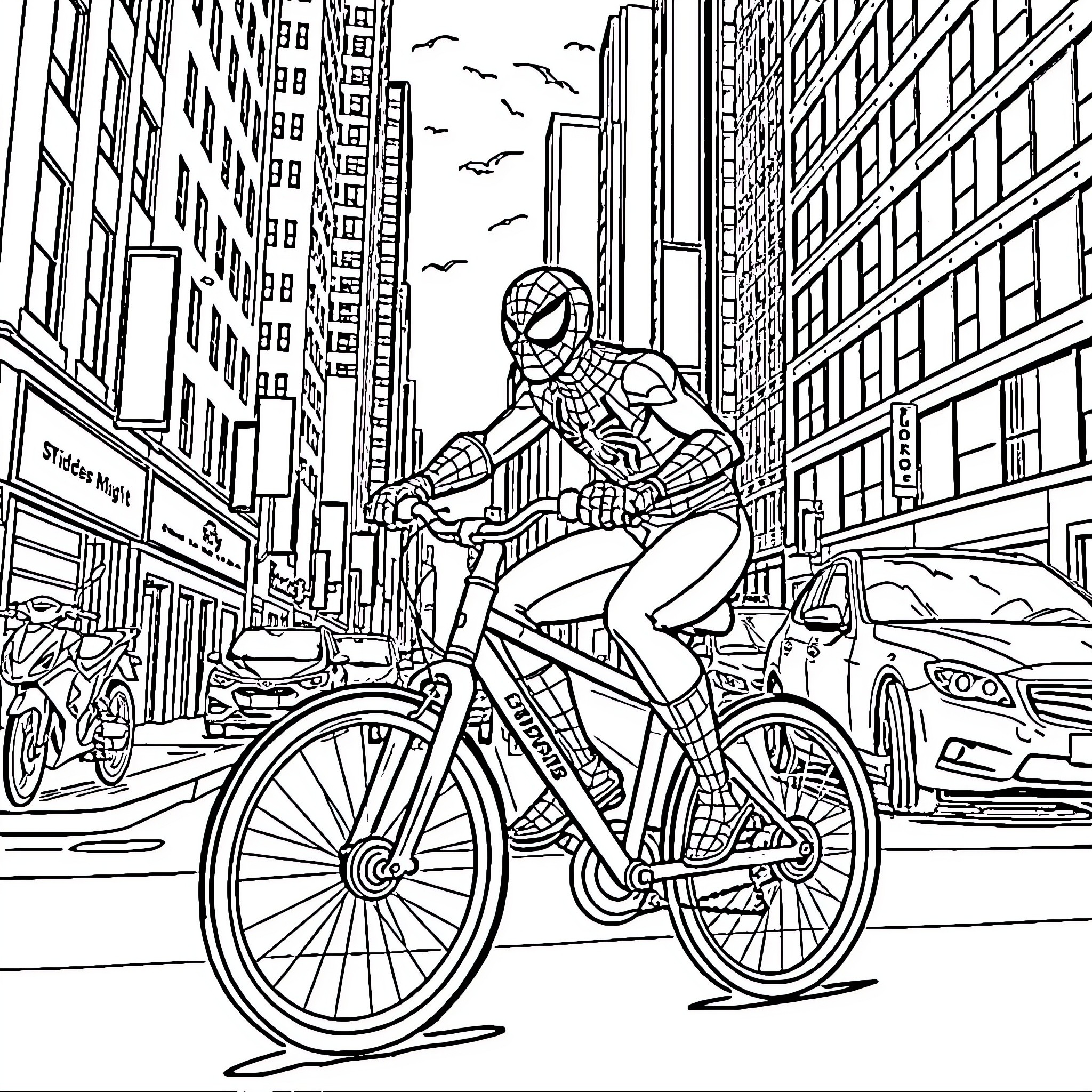 Spiderman biking through the city streets Coloring Page (free black-and-white line drawing printable PDF for all, from beginners to advanced learners, including children, teens, adults, and seniors)