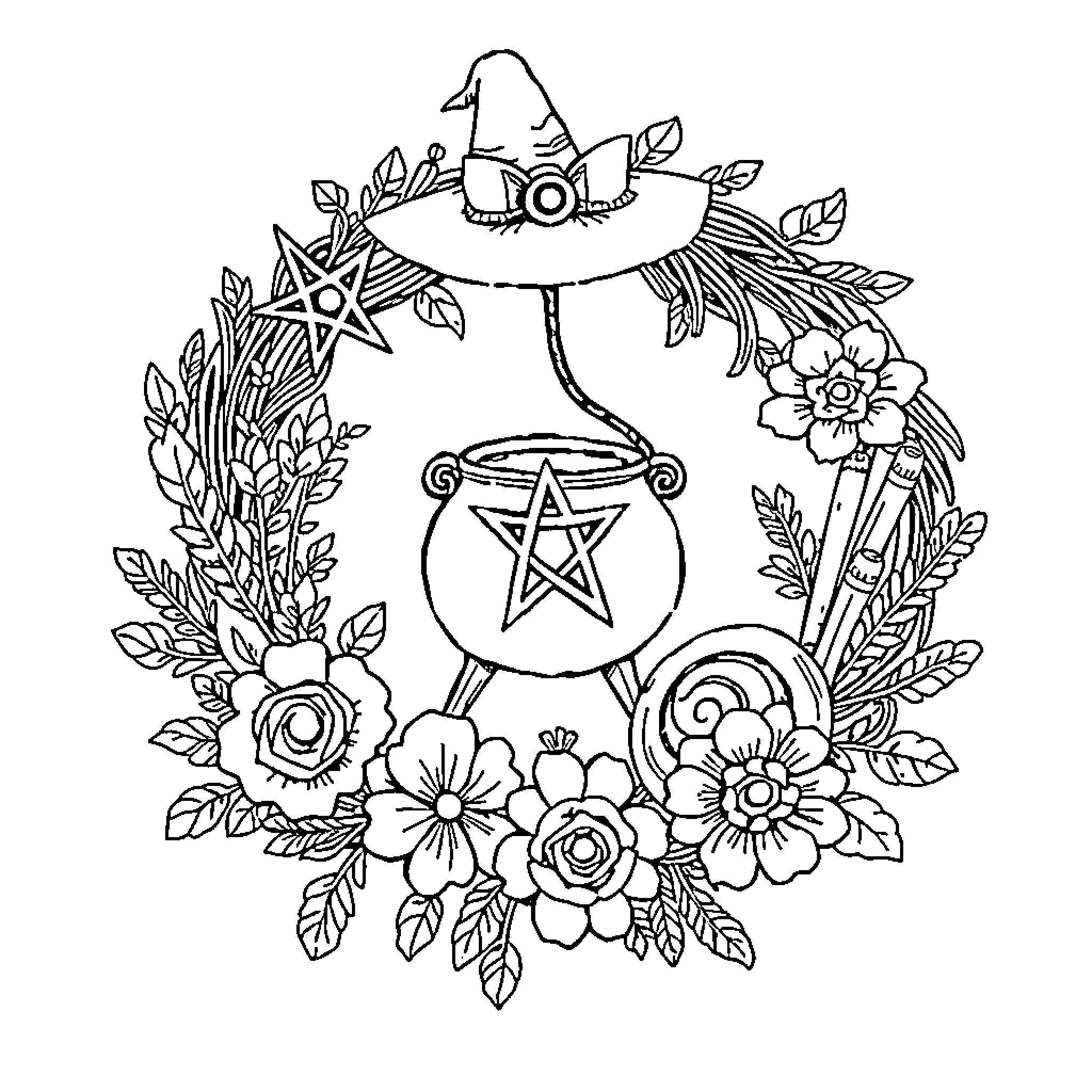 Wreath with Floral and Mystical Elements Coloring Page (free black-and-white line drawing printable PDF for all, from beginners to advanced learners, including children, teens, adults, and seniors)