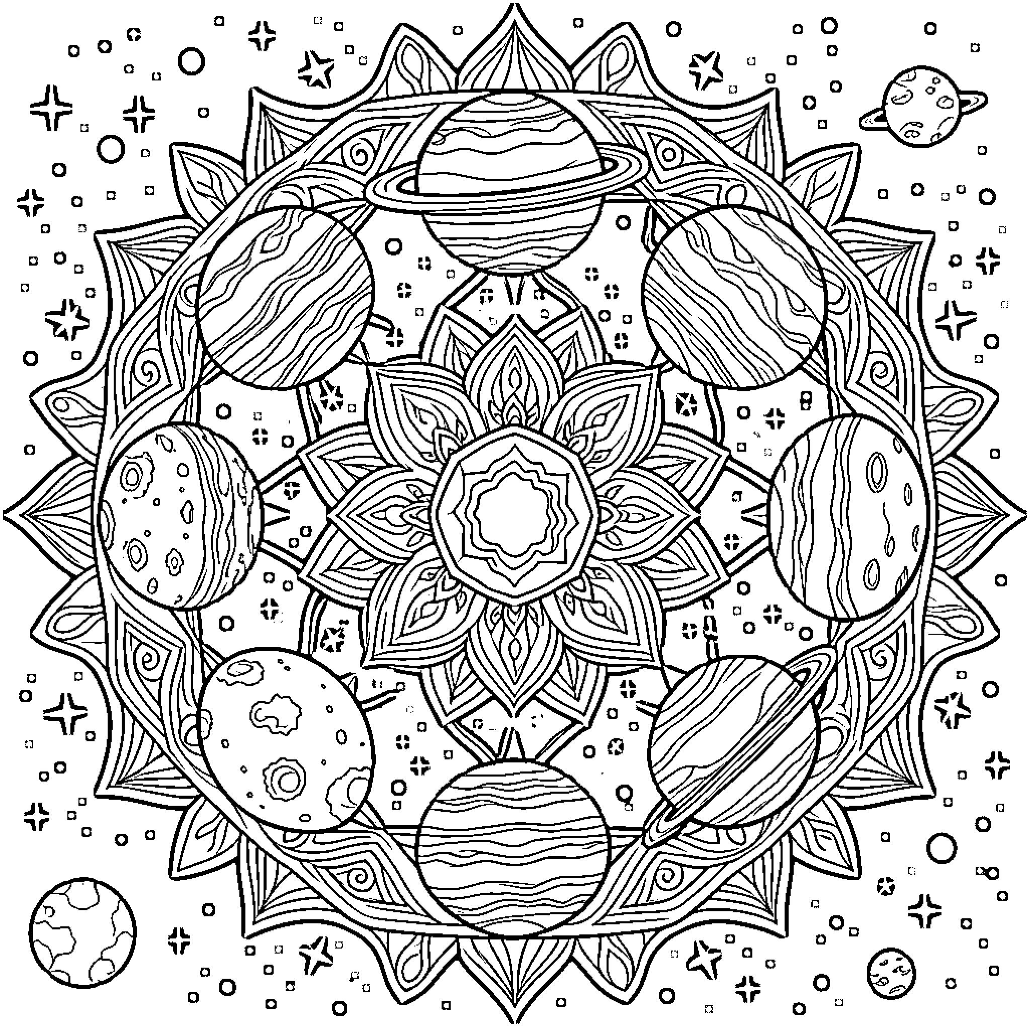 Mandala of celestial objects and geometric patterns Coloring Page (free black-and-white line drawing printable PDF for all, from beginners to advanced learners, including children, teens, adults, and seniors)