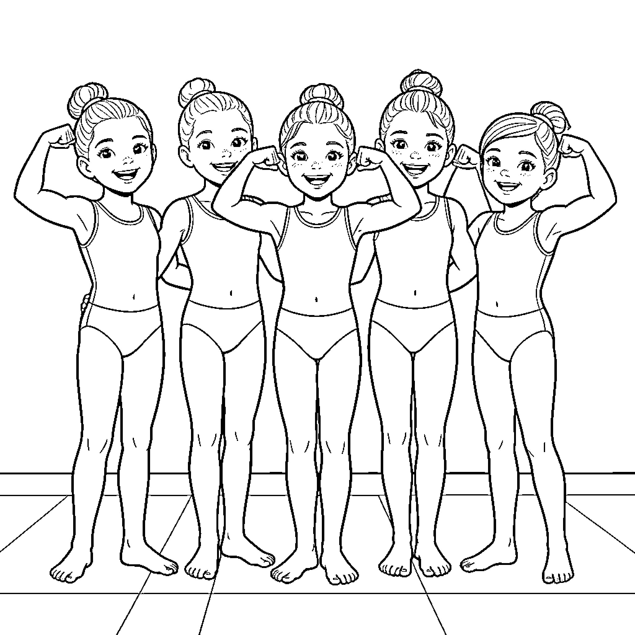 Gymnast girls posing together and showing strong muscles Coloring Page (free black-and-white line drawing printable PDF for all, from beginners to advanced learners, including children, teens, adults, and seniors)