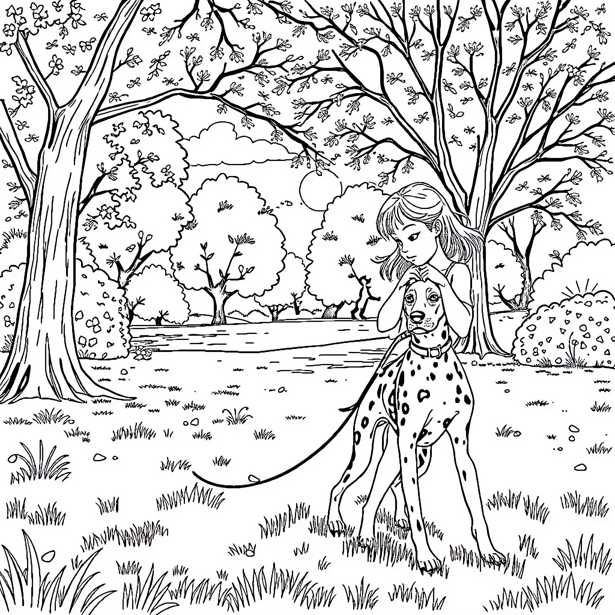 Girl in Spotted Dress Walking in Enchanted Forest Coloring Page (free black-and-white line drawing printable PDF for all, from beginners to advanced learners, including children, teens, adults, and seniors)