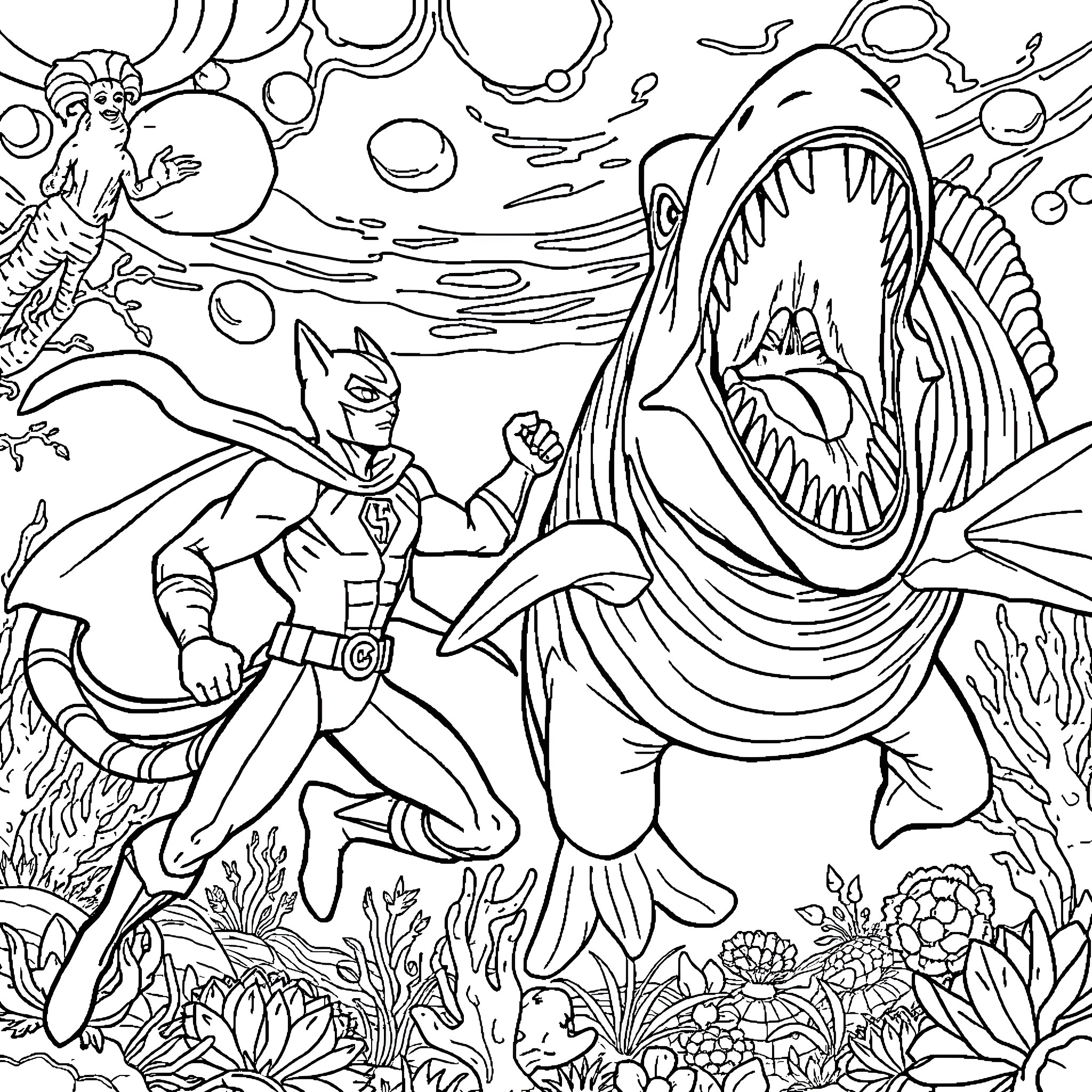 Catman battling a ferocious sea monster underwater Coloring Page (free black-and-white line drawing printable PDF for all, from beginners to advanced learners, including children, teens, adults, and seniors)