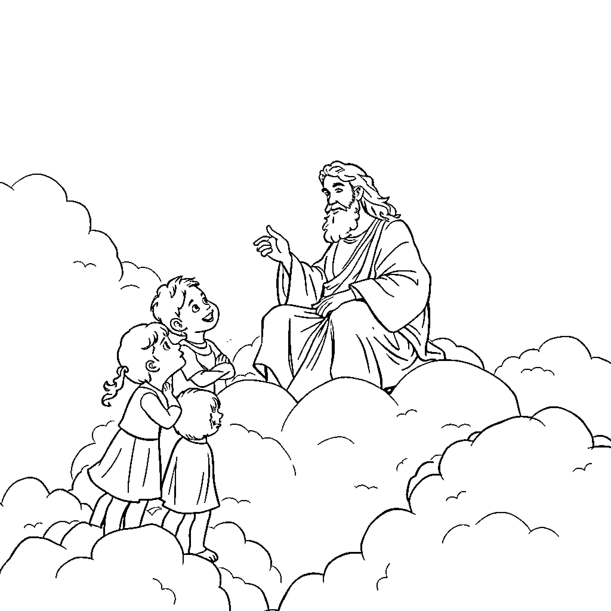 God's Blessing Upon Children in Heaven Coloring Page (free black-and-white line drawing printable PDF for all, from beginners to advanced learners, including children, teens, adults, and seniors)