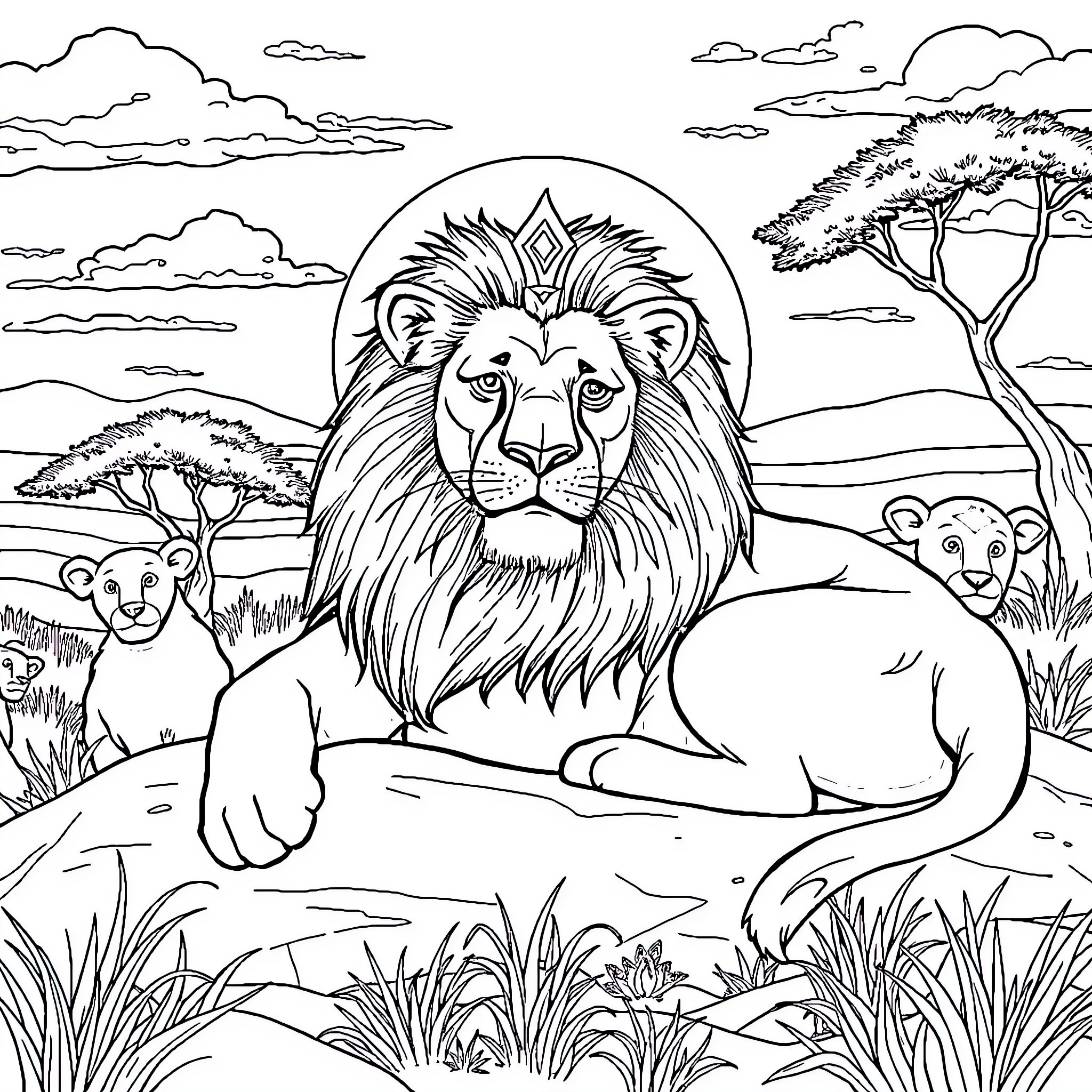 Lion resting majestically in the African savanna Coloring Page (free black-and-white line drawing printable PDF for all, from beginners to advanced learners, including children, teens, adults, and seniors)