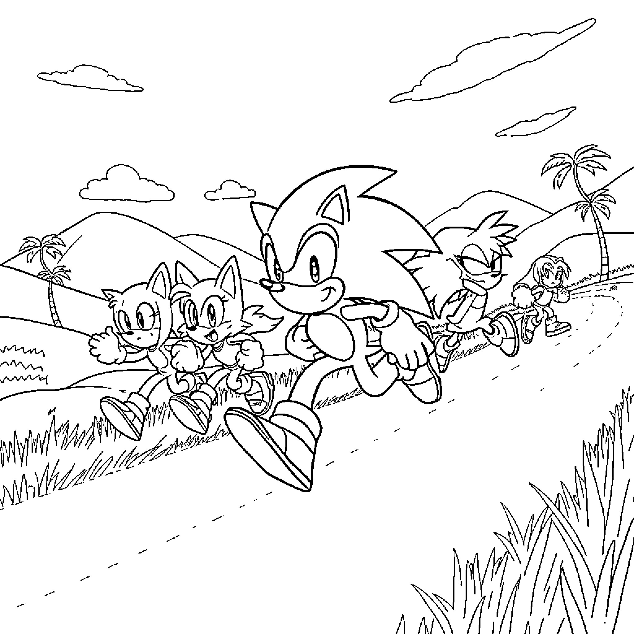 Sonic and Friends Exploring the Tropical Landscape Coloring Page (free black-and-white line drawing printable PDF for all, from beginners to advanced learners, including children, teens, adults, and seniors)