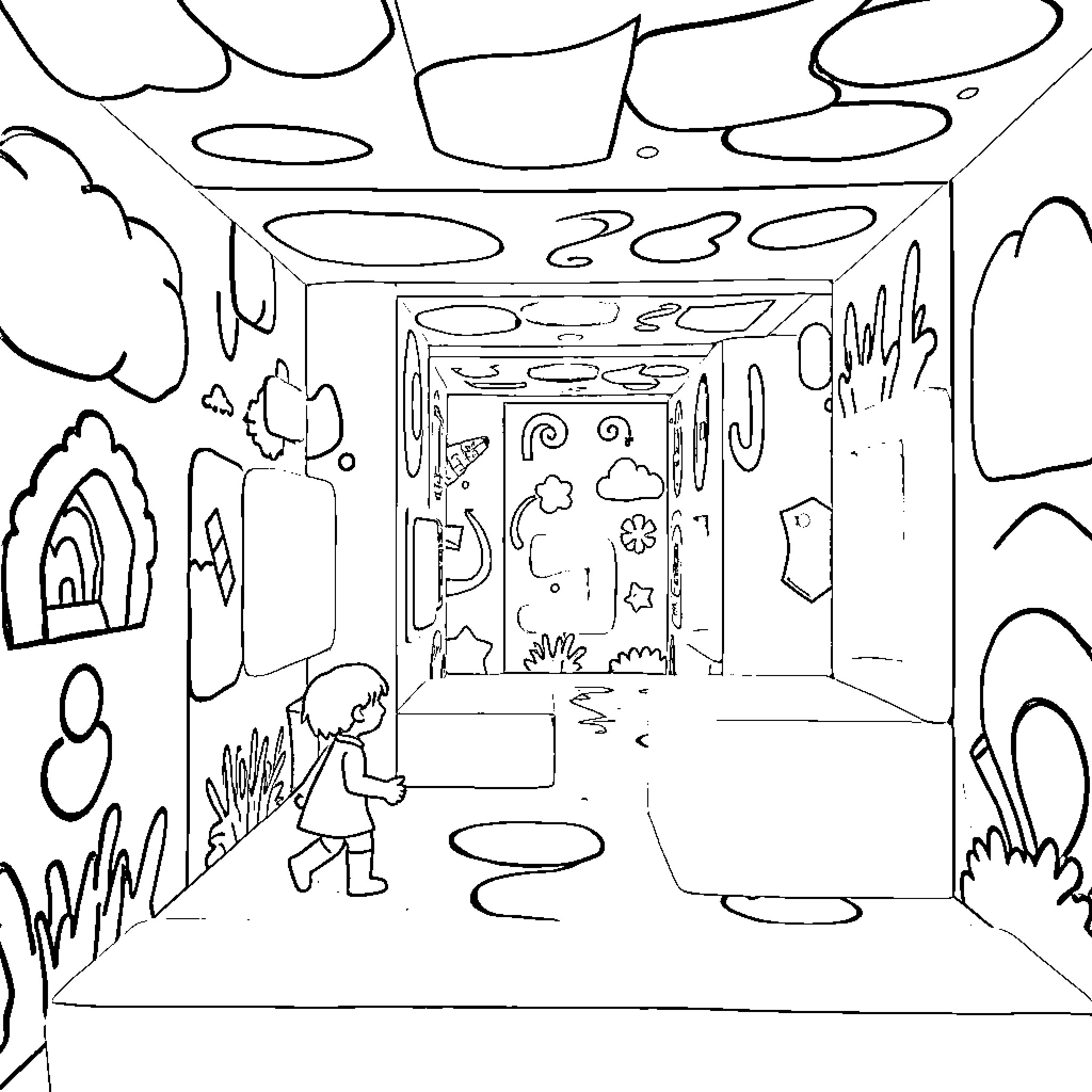Maze of Whimsical Shapes and Figures Coloring Page (free black-and-white line drawing printable PDF for all, from beginners to advanced learners, including children, teens, adults, and seniors)