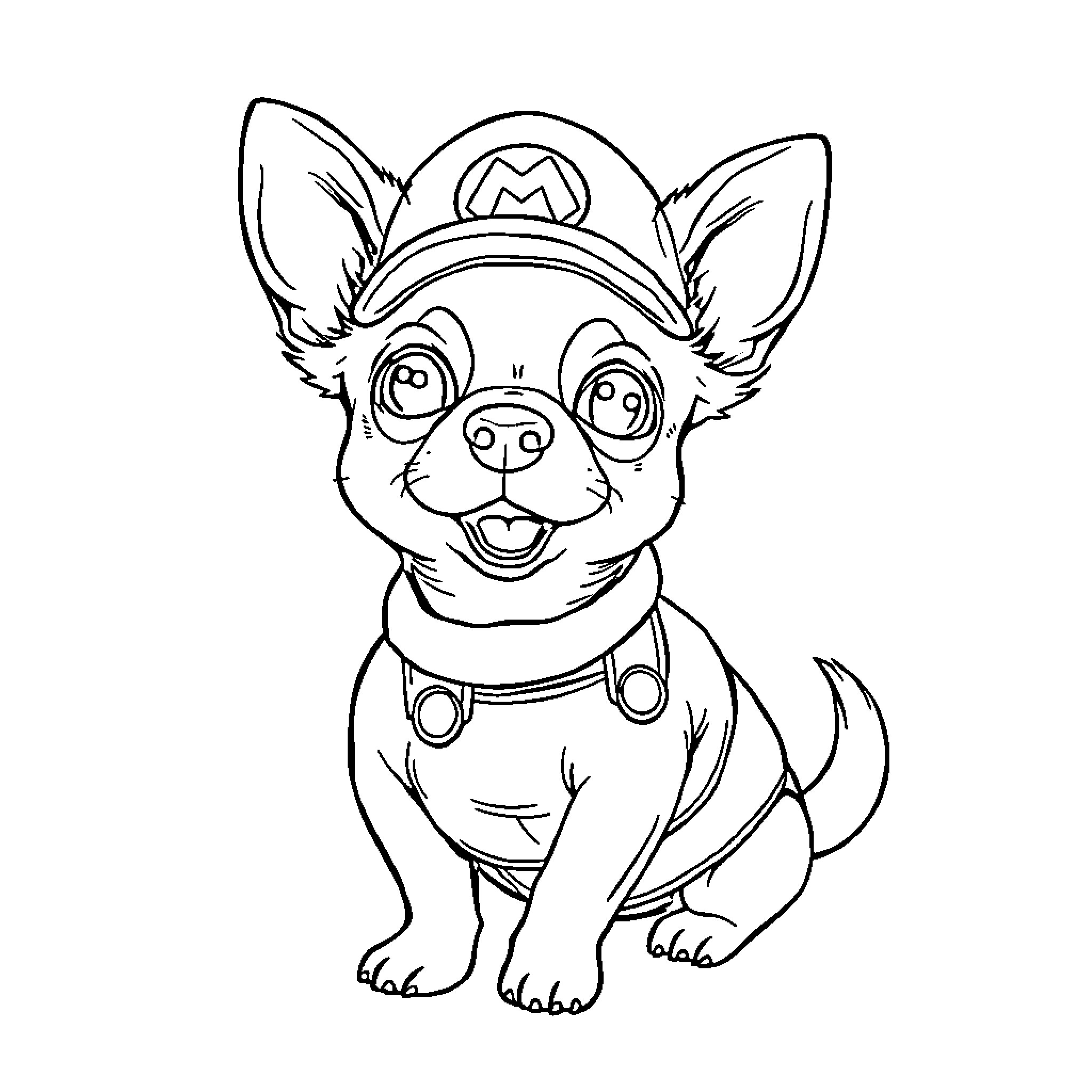 Chihuahua dressed as a plumber Coloring Page (free black-and-white line drawing printable PDF for all, from beginners to advanced learners, including children, teens, adults, and seniors)