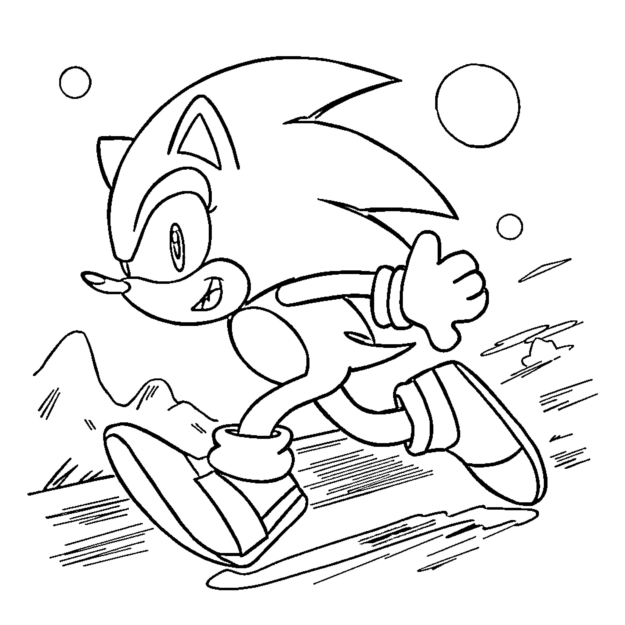 Sonic running swiftly through the landscape Coloring Page (free black-and-white line drawing printable PDF for all, from beginners to advanced learners, including children, teens, adults, and seniors)