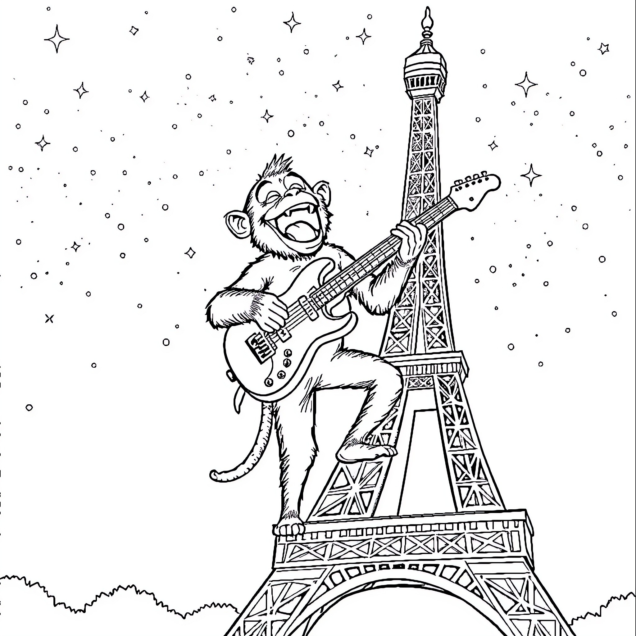 Monkey playing guitar in front of Eiffel Tower Coloring Page (free black-and-white line drawing printable PDF for all, from beginners to advanced learners, including children, teens, adults, and seniors)