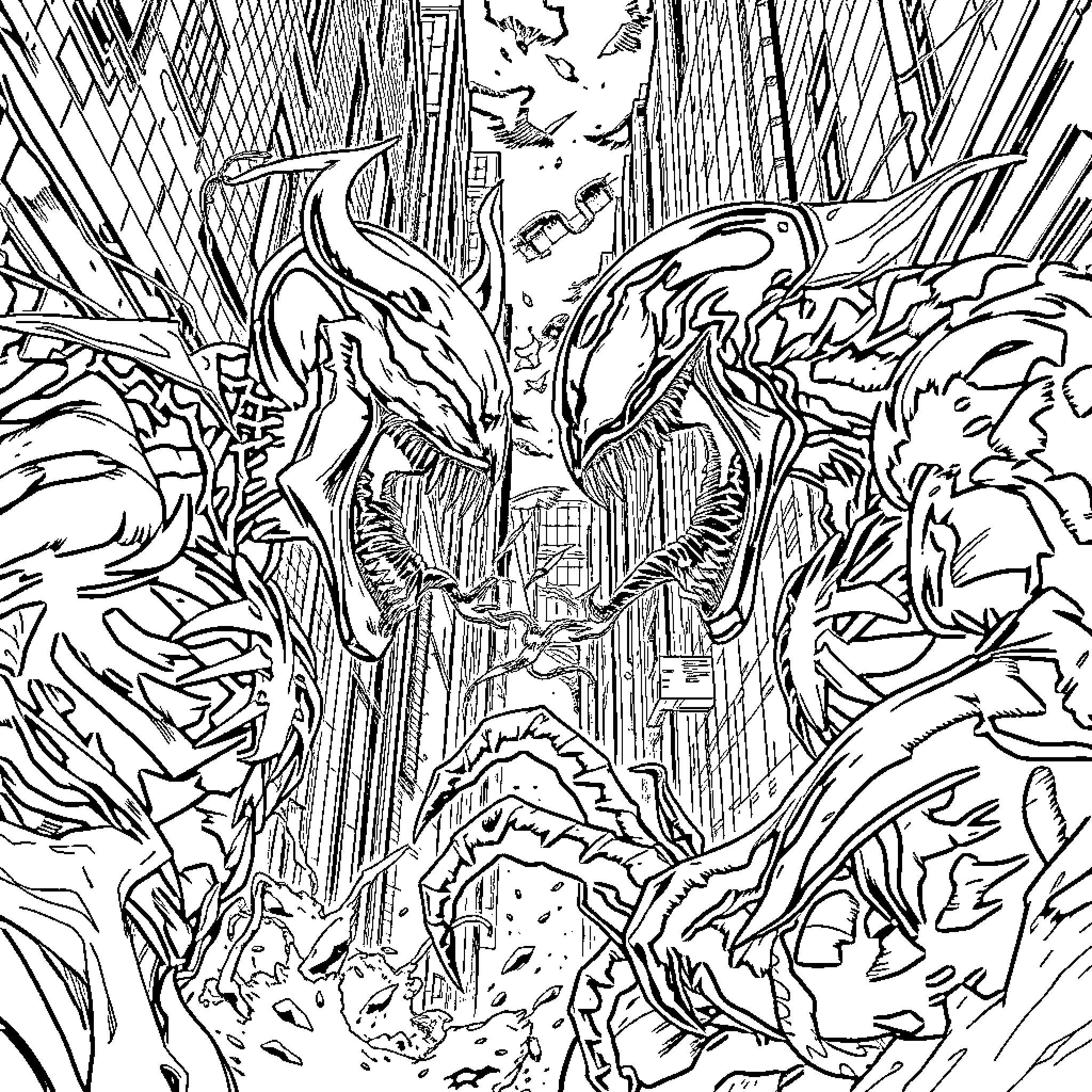 Carnage of monstrous creatures in a chaotic cityscape Coloring Page (free black-and-white line drawing printable PDF for all, from beginners to advanced learners, including children, teens, adults, and seniors)