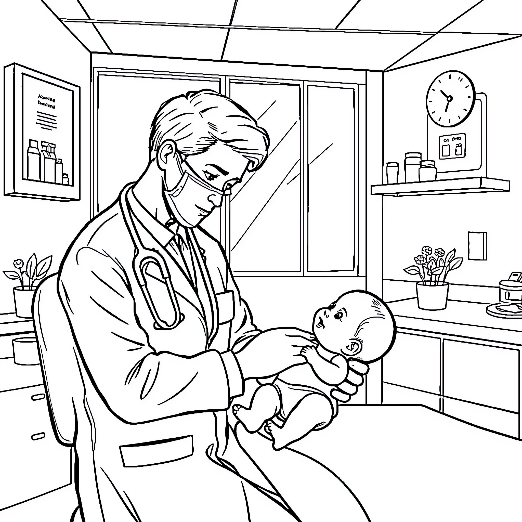 Doctor examining patient attentively in medical office Coloring Page (free black-and-white line drawing printable PDF for all, from beginners to advanced learners, including children, teens, adults, and seniors)