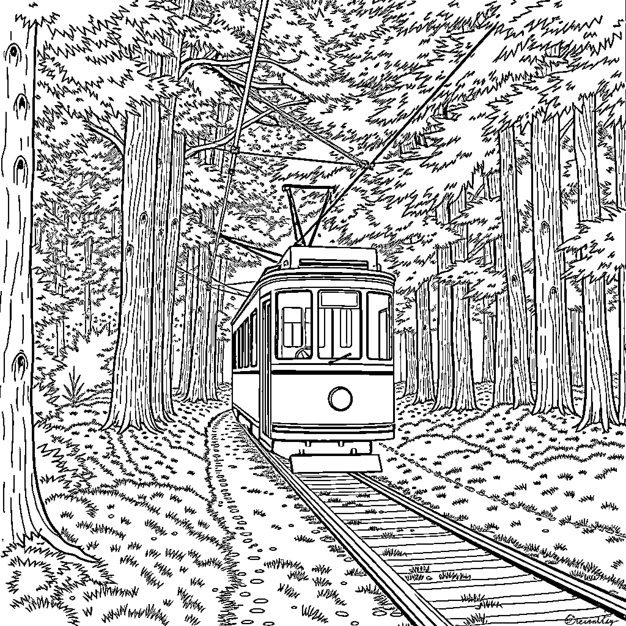 Tram through the enchanted forest Coloring Page (free black-and-white line drawing printable PDF for all, from beginners to advanced learners, including children, teens, adults, and seniors)