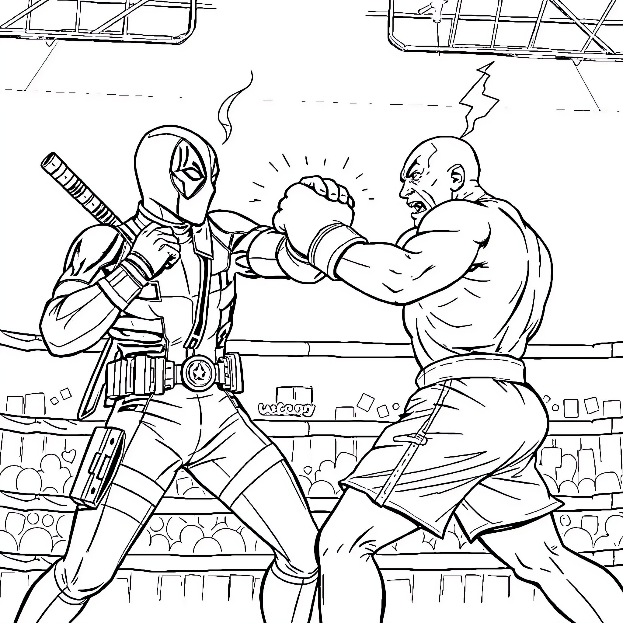 Deadpool Battling Foe in Arena Coloring Page (free black-and-white line drawing printable PDF for all, from beginners to advanced learners, including children, teens, adults, and seniors)