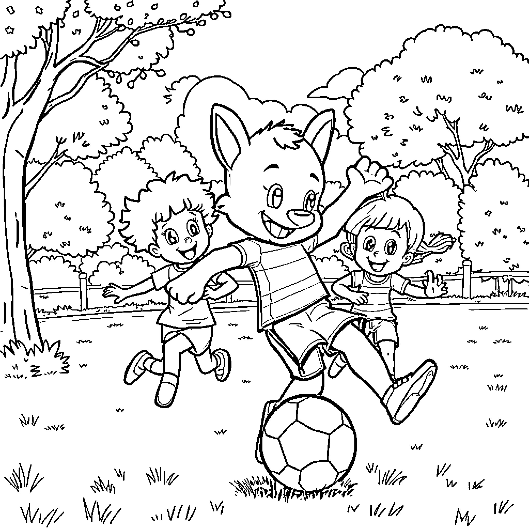 Bluey and friends playing soccer in the park Coloring Page (free black-and-white line drawing printable PDF for all, from beginners to advanced learners, including children, teens, adults, and seniors)