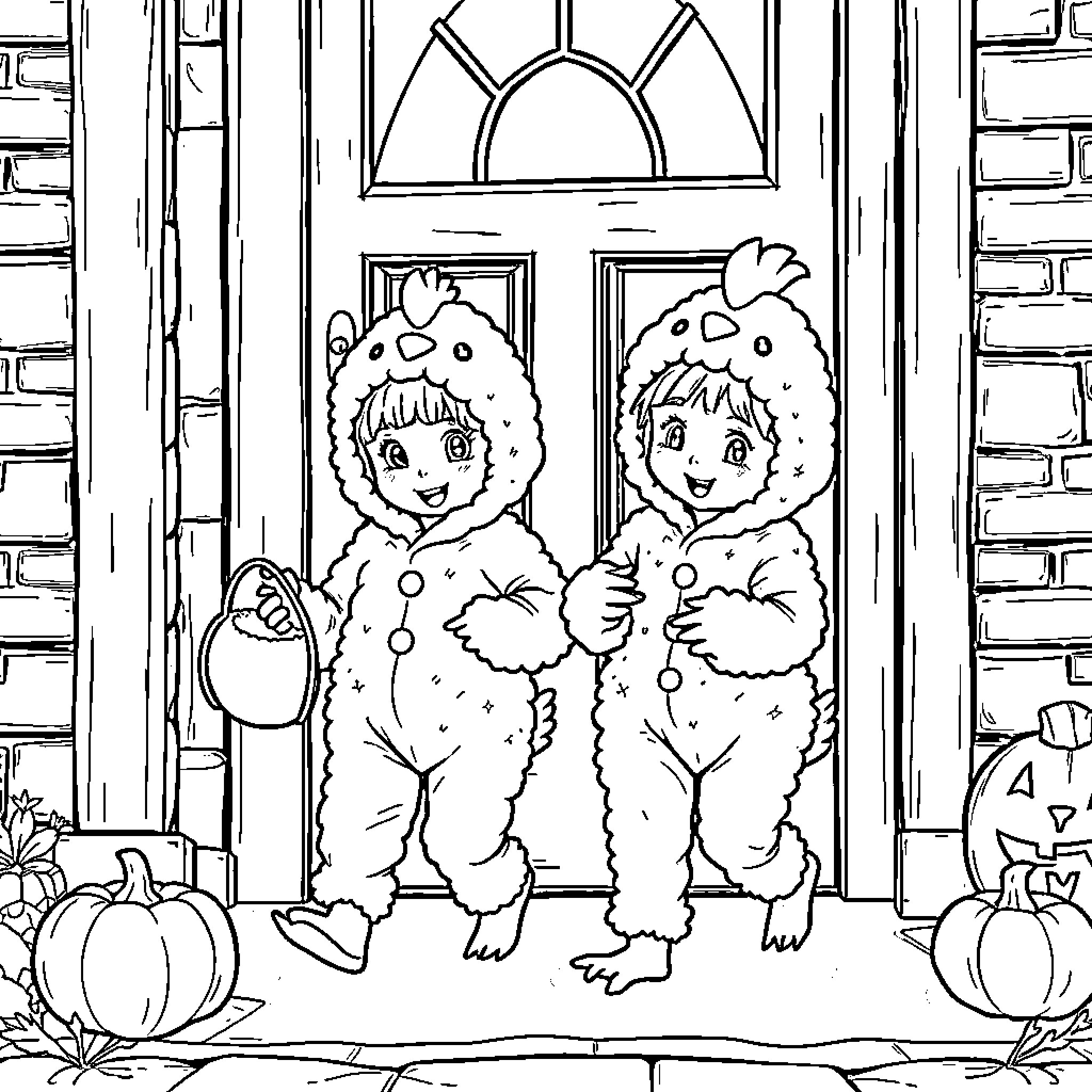 Children dressed as furry creatures on Halloween Coloring Page (free black-and-white line drawing printable PDF for all, from beginners to advanced learners, including children, teens, adults, and seniors)