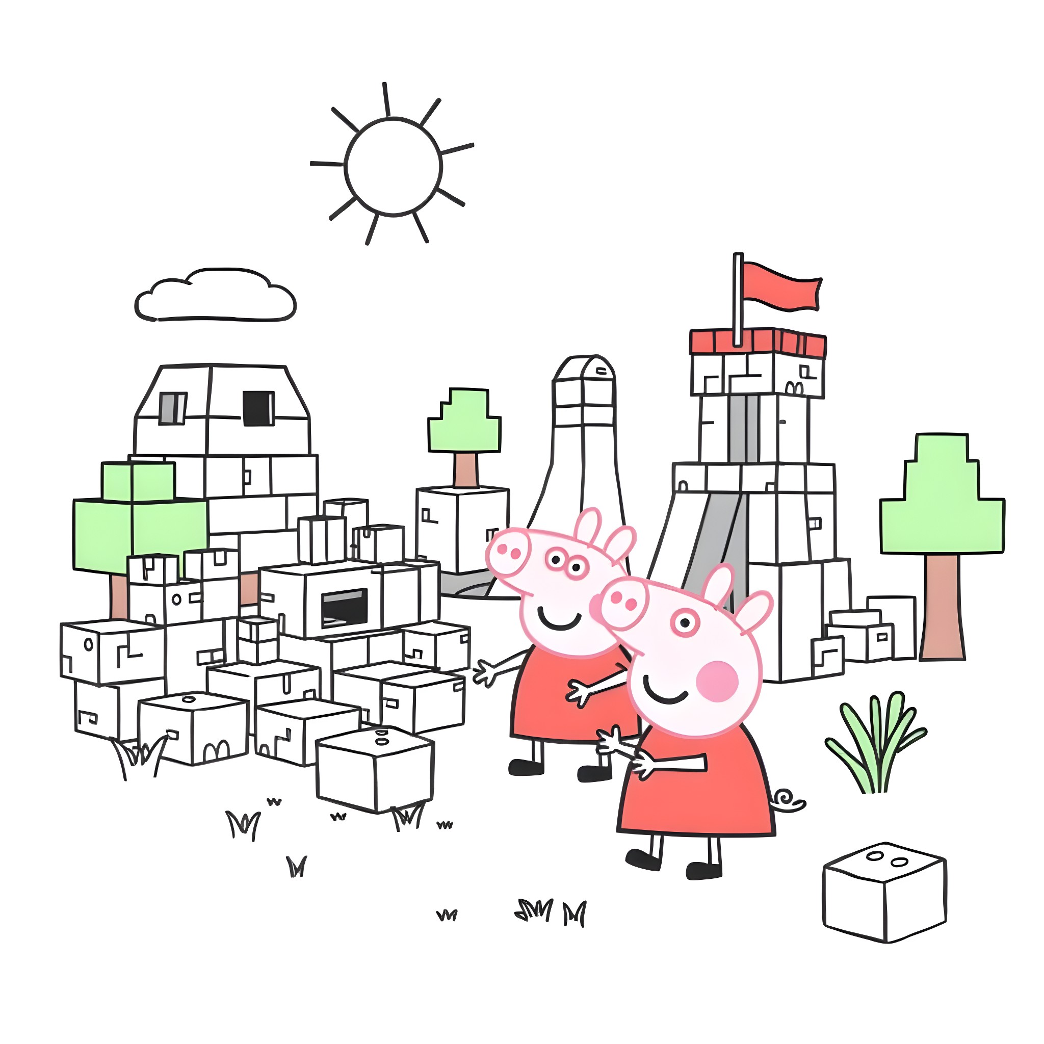 Peppa Pig and Friends Exploring the Cityscape Coloring Page (free black-and-white line drawing printable PDF for all, from beginners to advanced learners, including children, teens, adults, and seniors)