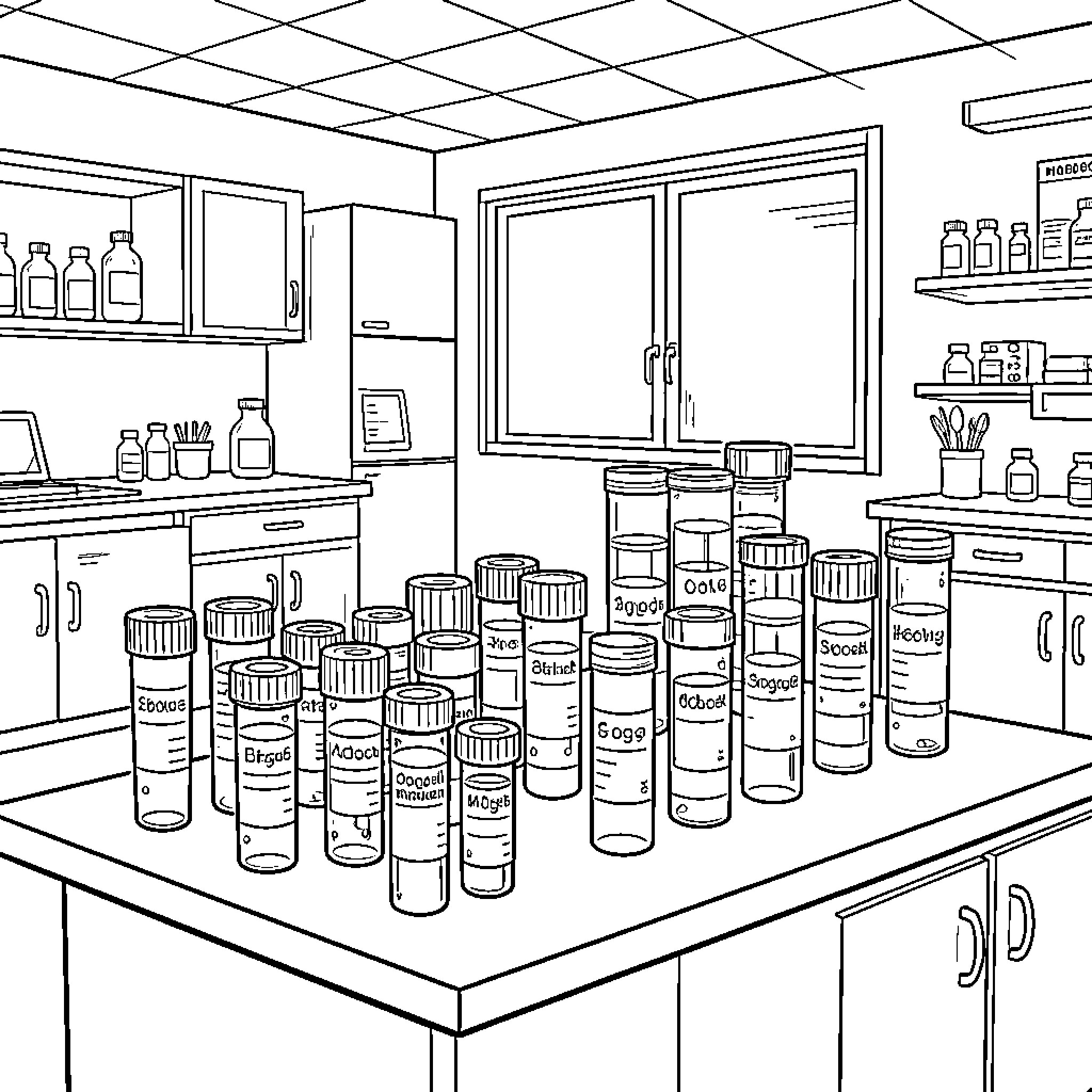 Test Tube Laboratory with Various Experiments Coloring Page (free black-and-white line drawing printable PDF for all, from beginners to advanced learners, including children, teens, adults, and seniors)