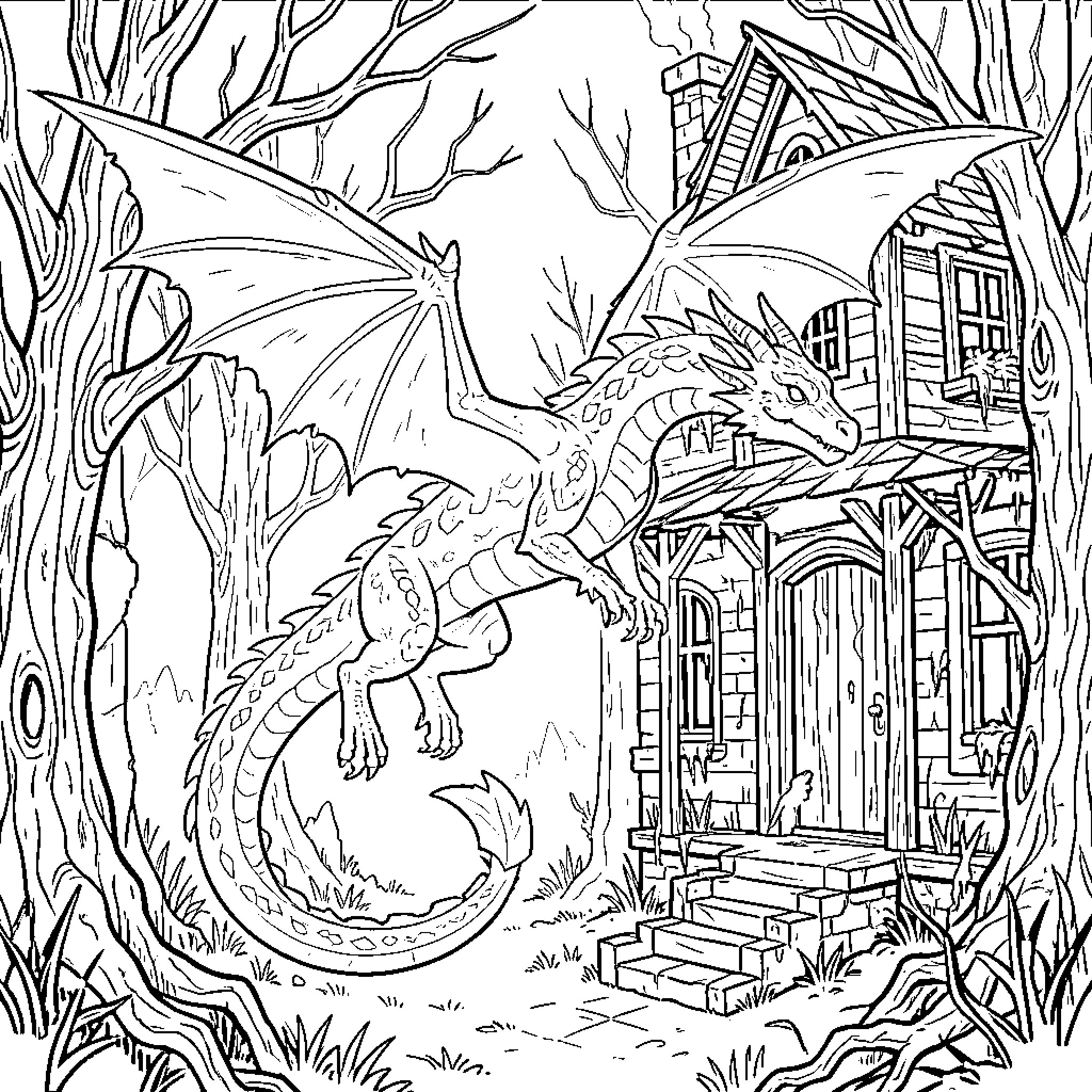 Ghost Dragon Guarding Enchanted Forest Cottage Coloring Page (free black-and-white line drawing printable PDF for all, from beginners to advanced learners, including children, teens, adults, and seniors)