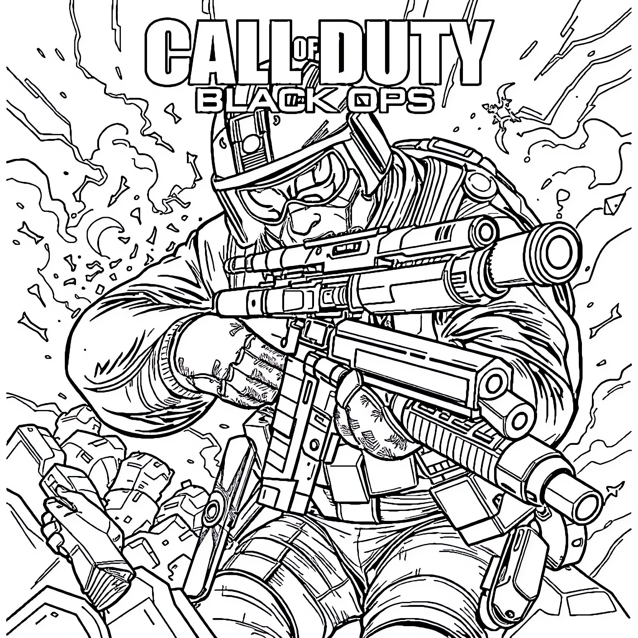 Call of Duty: Black Ops Explosive Action Artwork Coloring Page (free black-and-white line drawing printable PDF for all, from beginners to advanced learners, including children, teens, adults, and seniors)