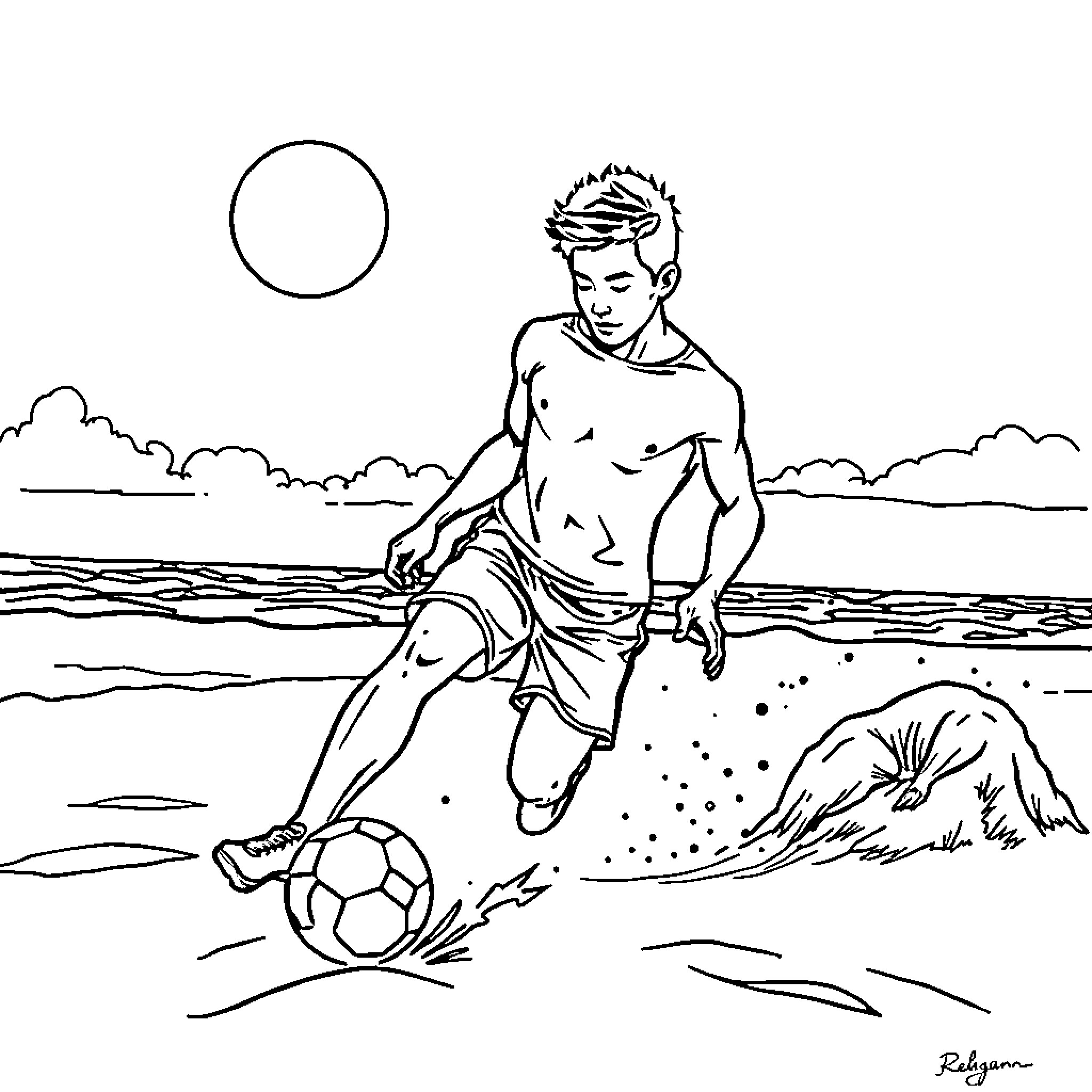 Roland playing soccer on the beach Coloring Page (free black-and-white line drawing printable PDF for all, from beginners to advanced learners, including children, teens, adults, and seniors)