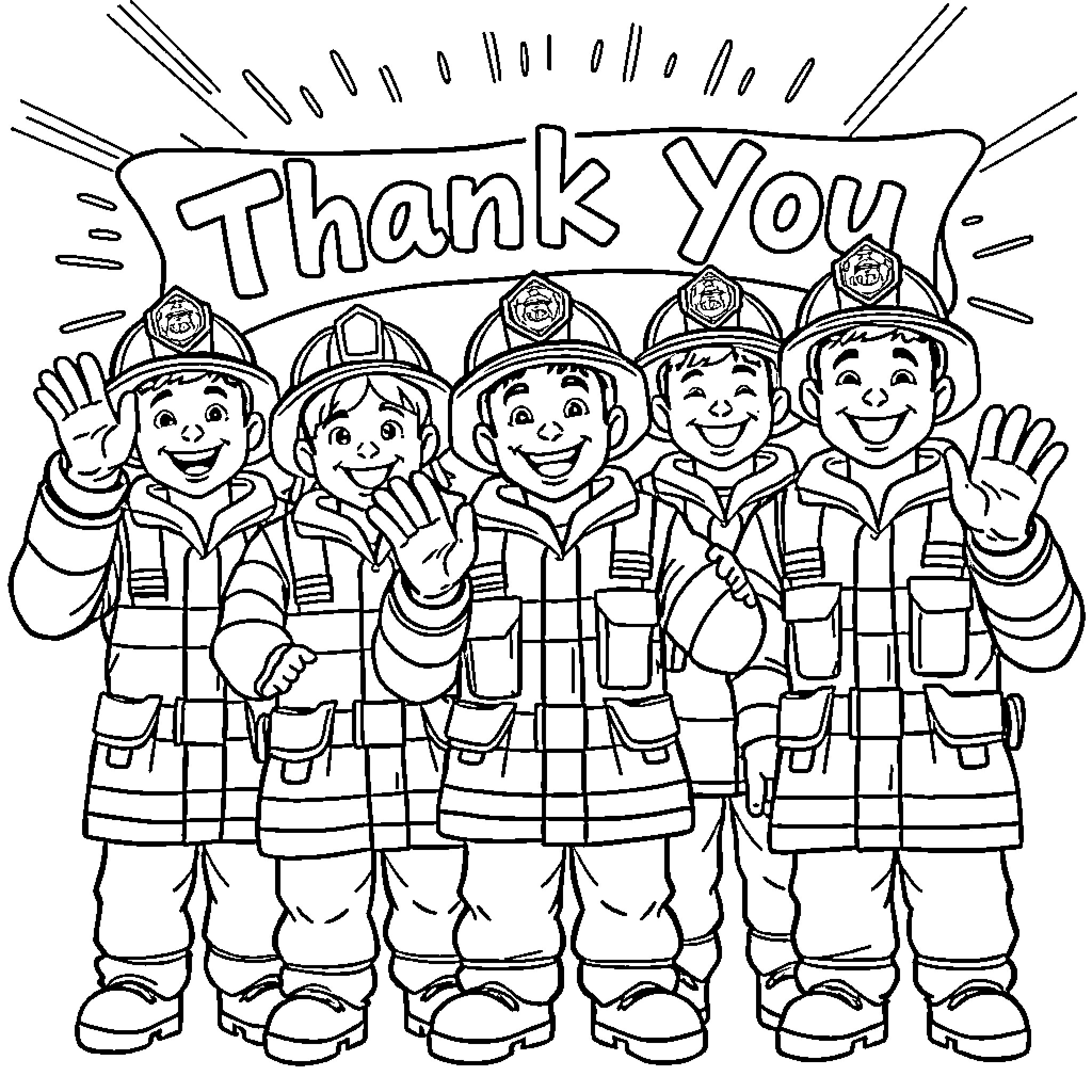 Firefighters Expressing Gratitude Coloring Page (free black-and-white line drawing printable PDF for all, from beginners to advanced learners, including children, teens, adults, and seniors)