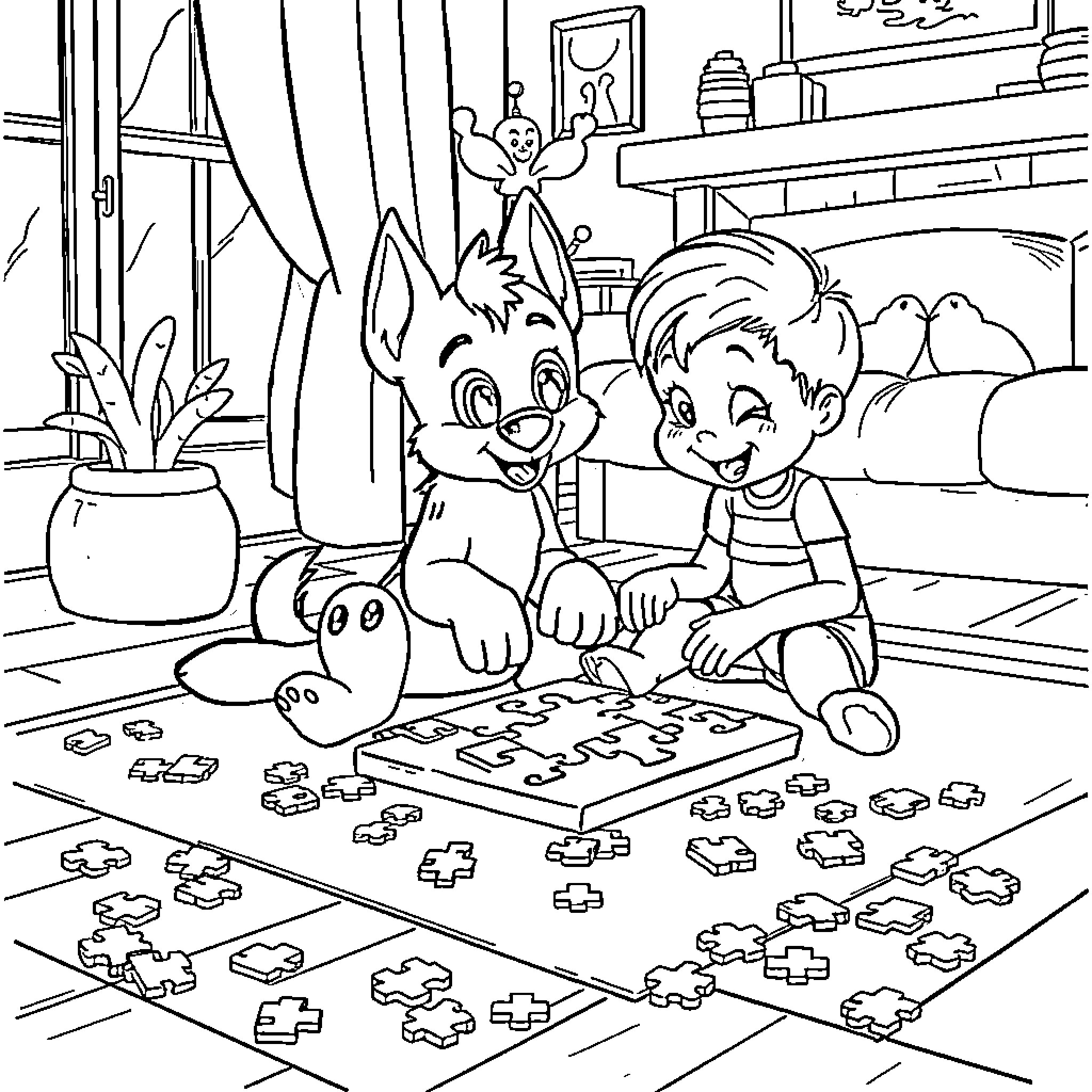 Bluey and Bingo Playing Puzzles at Home Coloring Page (free black-and-white line drawing printable PDF for all, from beginners to advanced learners, including children, teens, adults, and seniors)