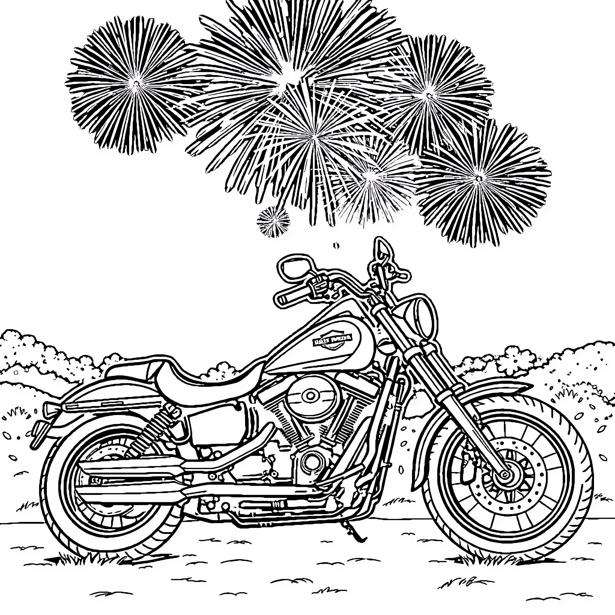 Harley Davidson motorcycle enjoying fireworks display Coloring Page (free black-and-white line drawing printable PDF for all, from beginners to advanced learners, including children, teens, adults, and seniors)