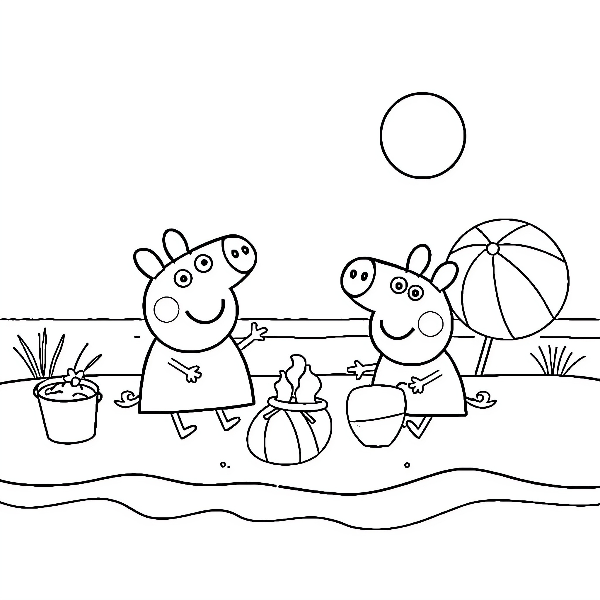 Peppa Pig enjoying beach day with friends Coloring Page (free black-and-white line drawing printable PDF for all, from beginners to advanced learners, including children, teens, adults, and seniors)